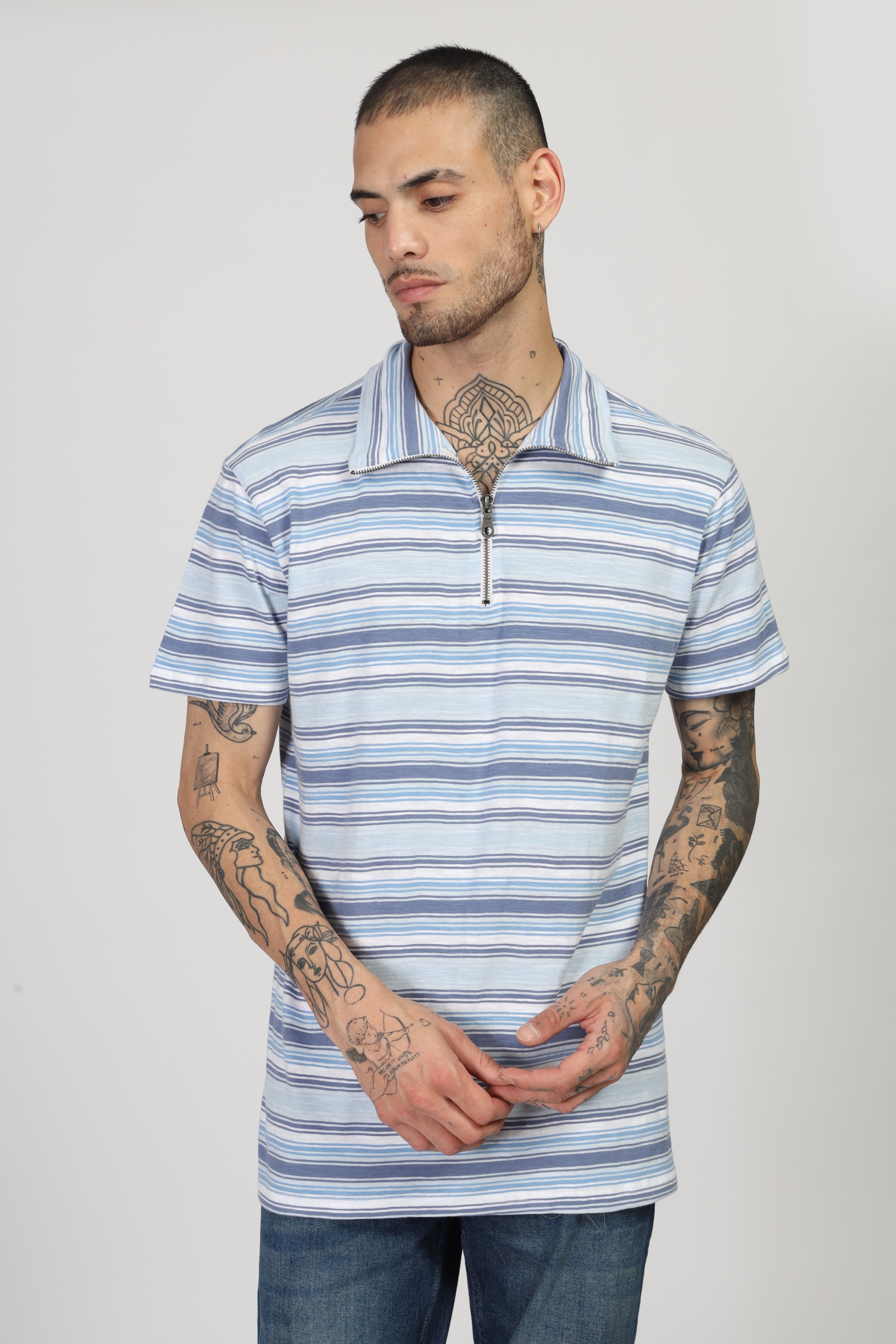 Navy White Stripe Zipper T-Shirt