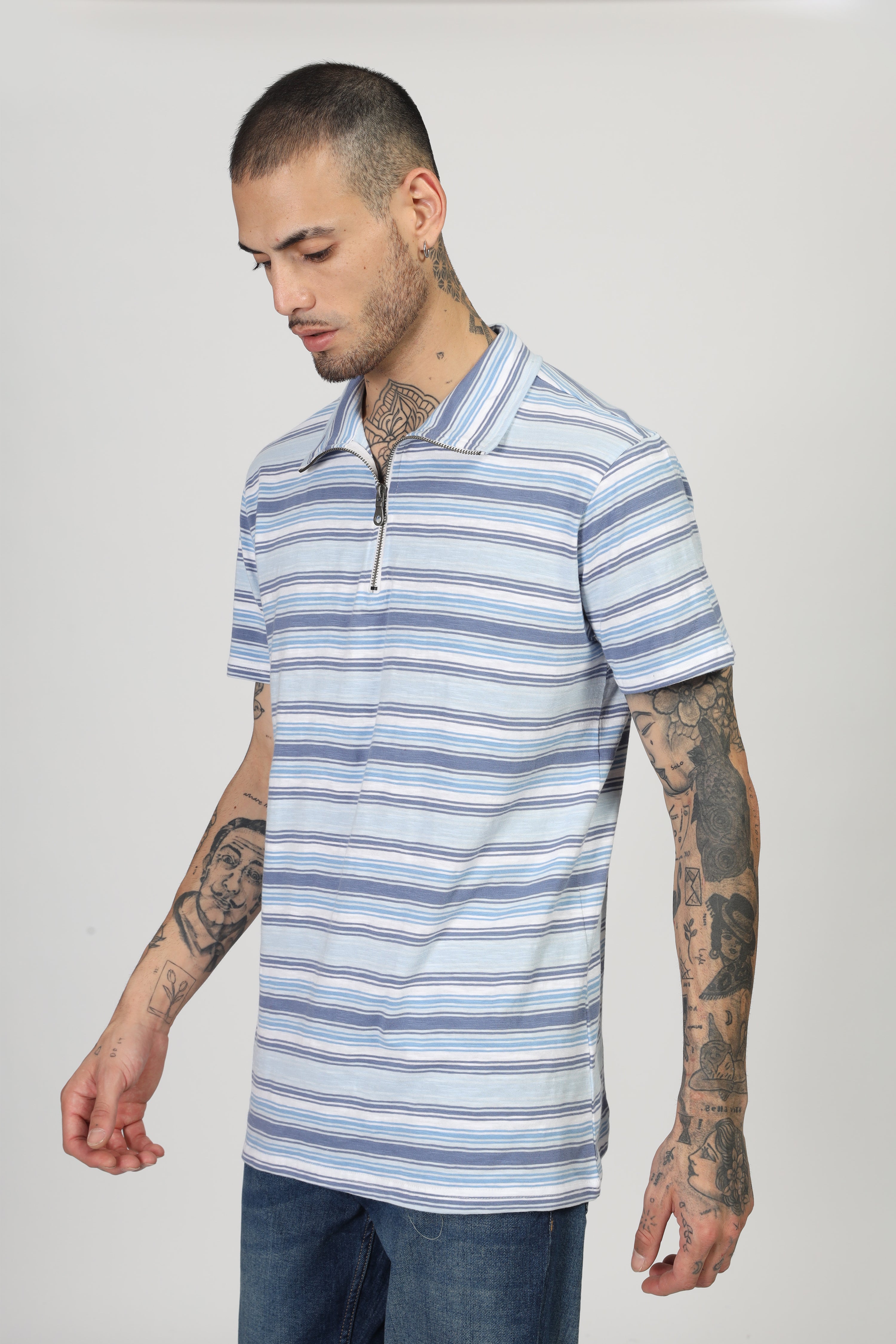 Navy White Stripe Zipper T-Shirt