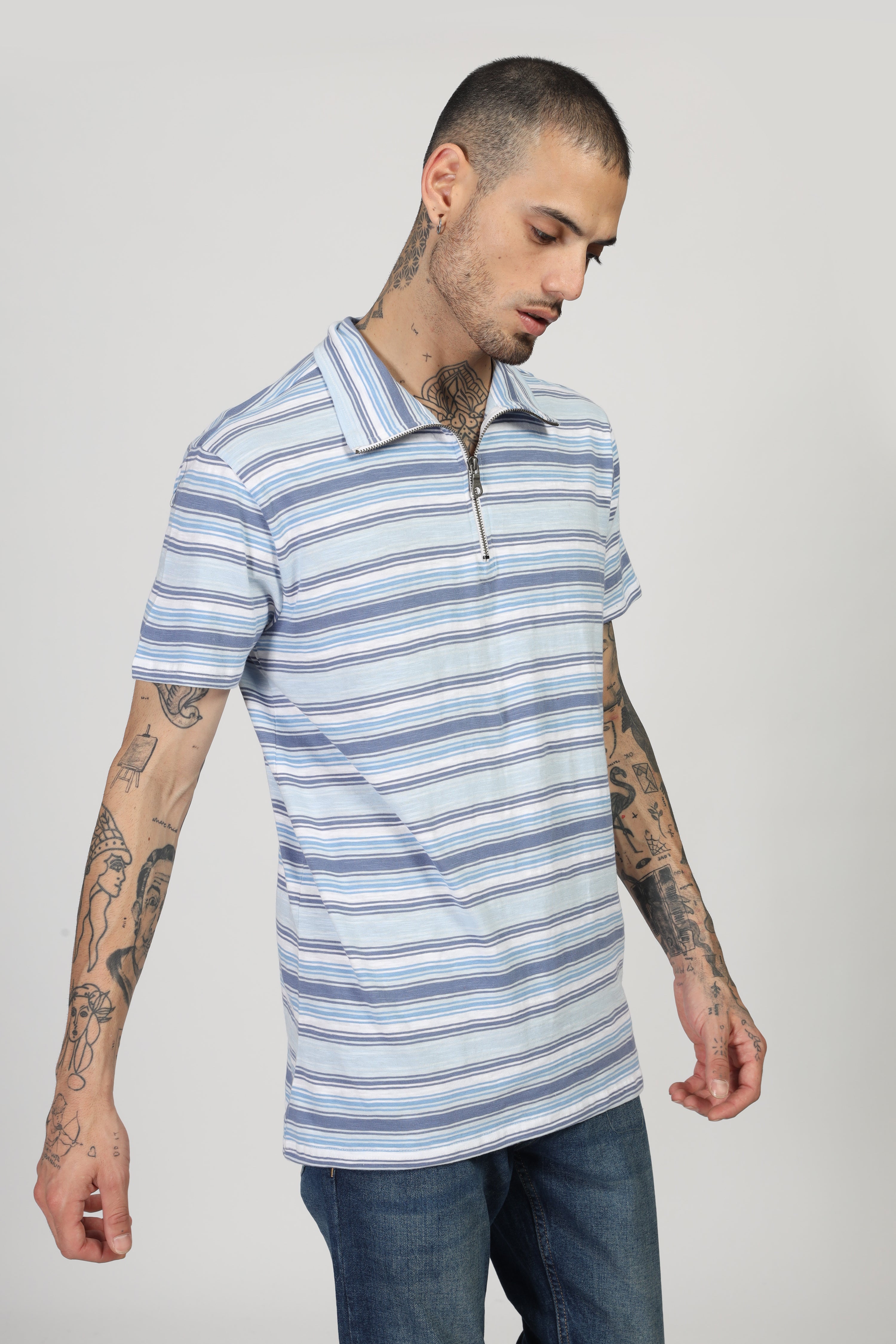 Navy White Stripe Zipper T-Shirt