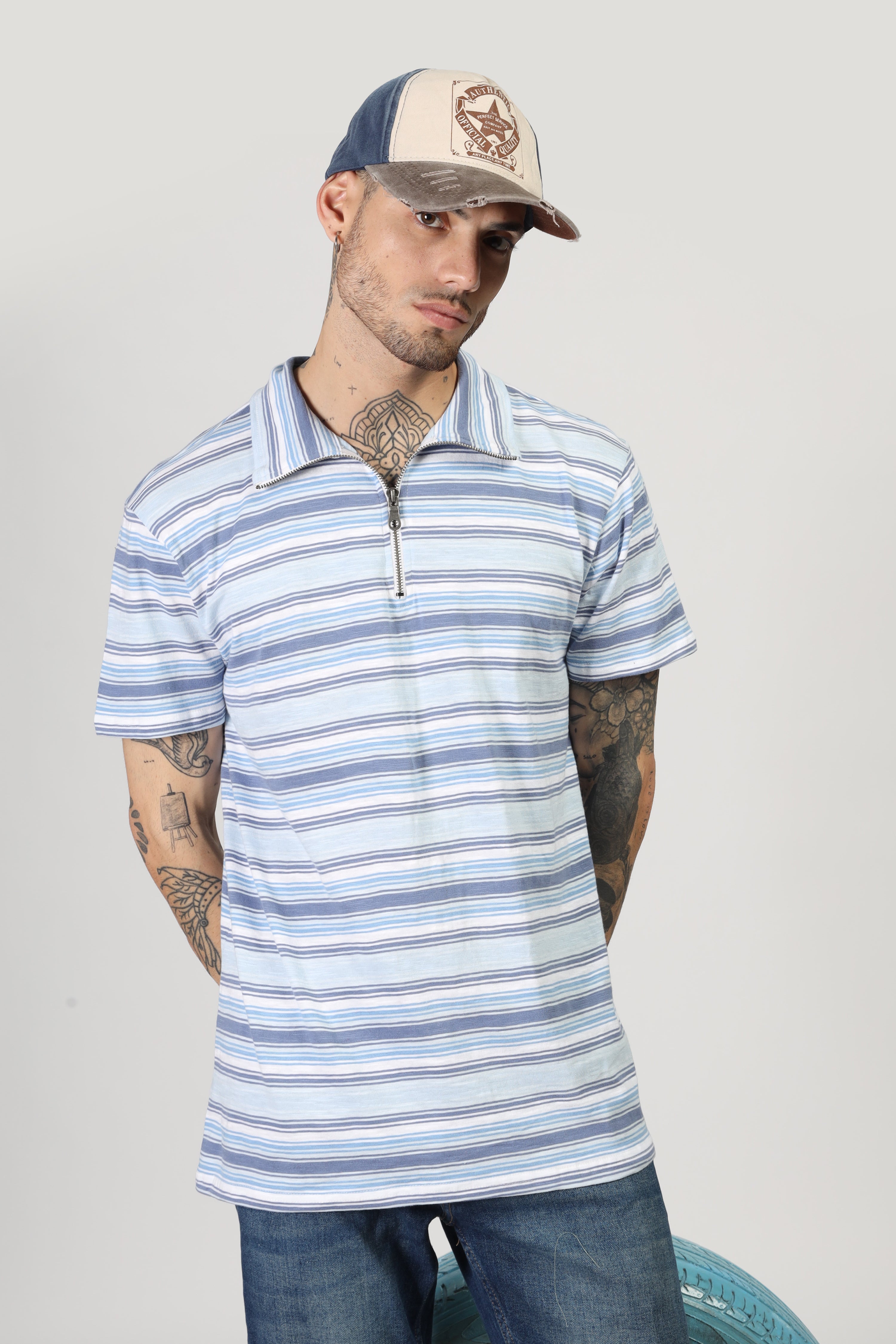 Navy White Stripe Zipper T-Shirt