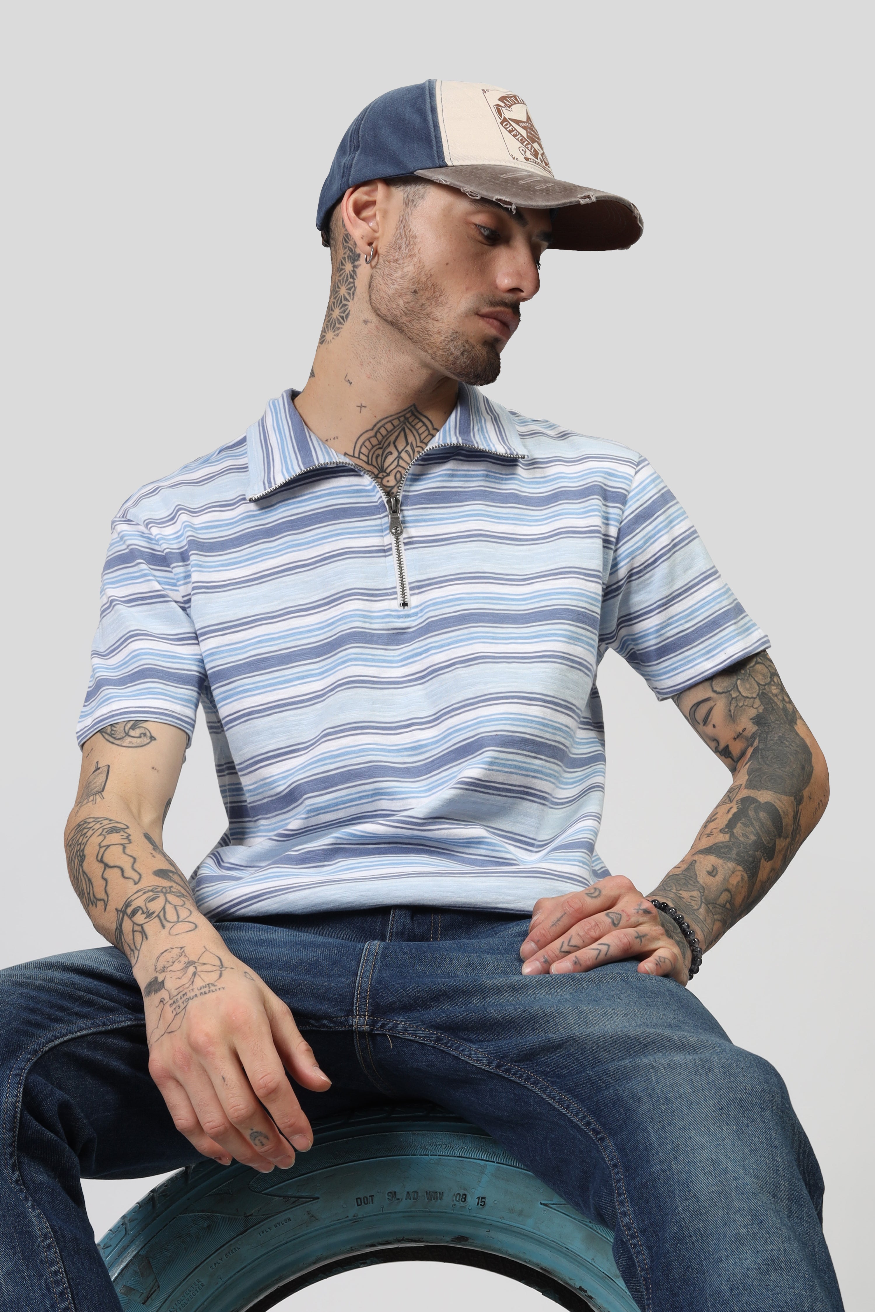 Navy White Stripe Zipper T-Shirt