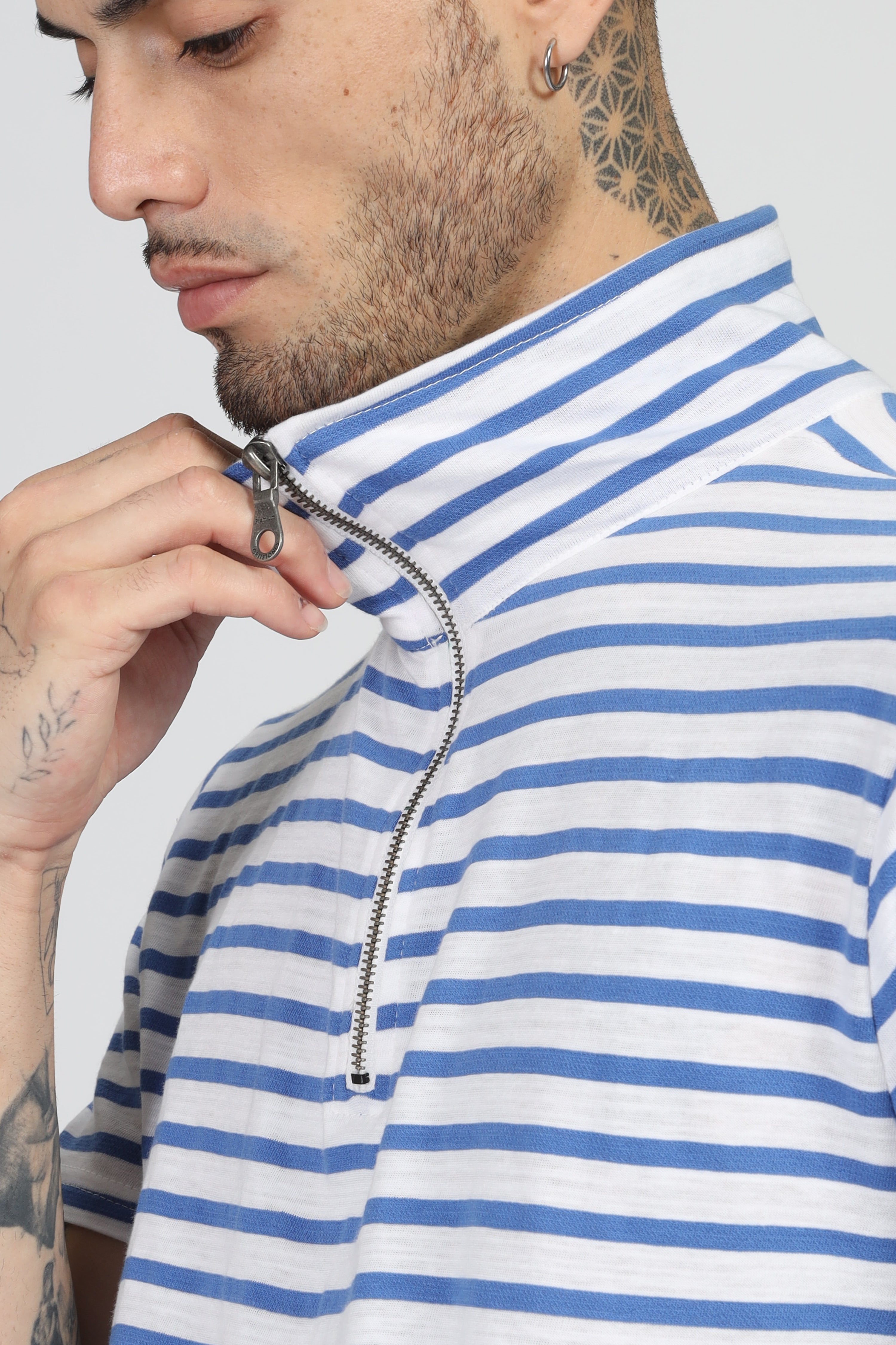 Blue Striper Zipper T-Shirt