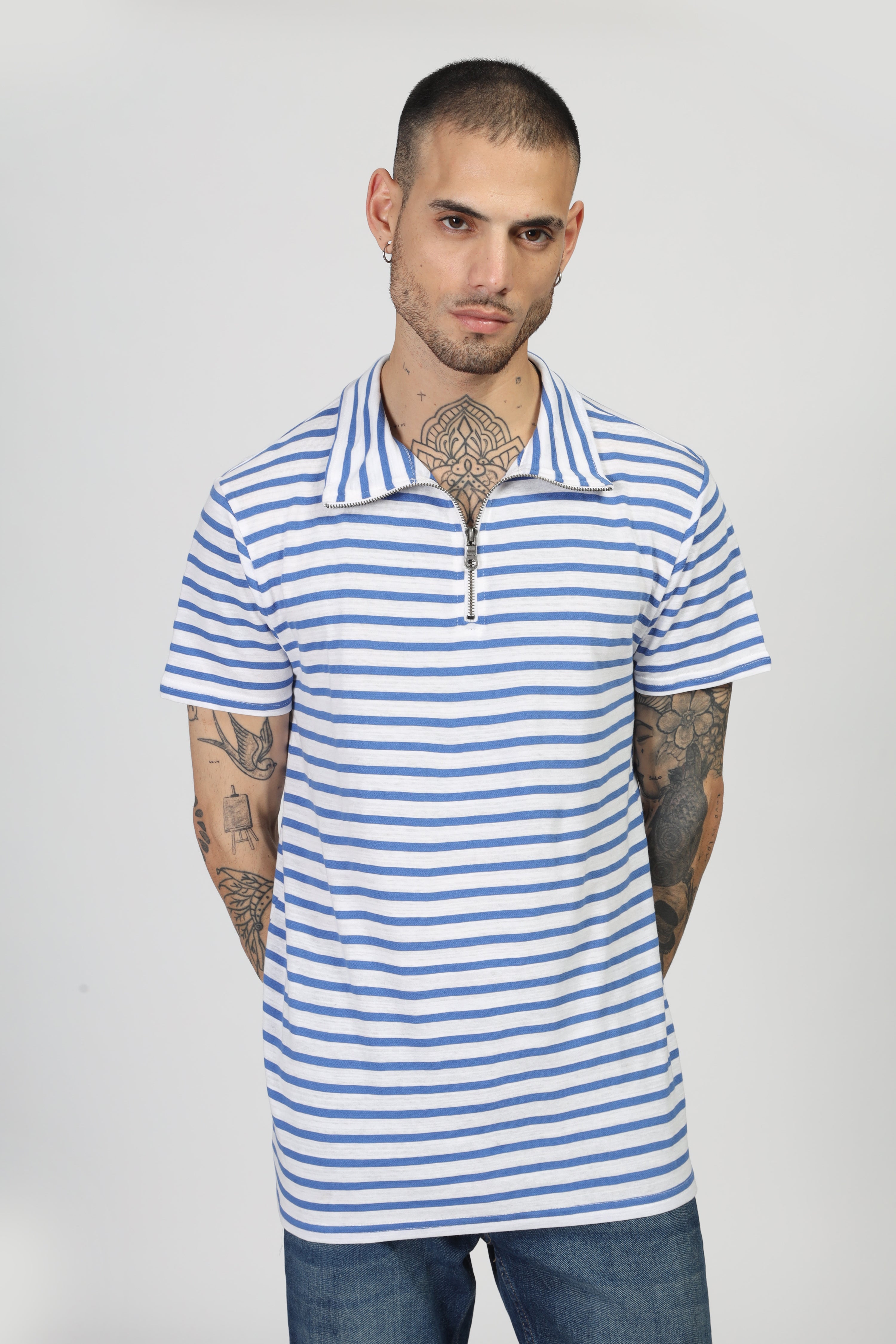 Blue Striper Zipper T-Shirt