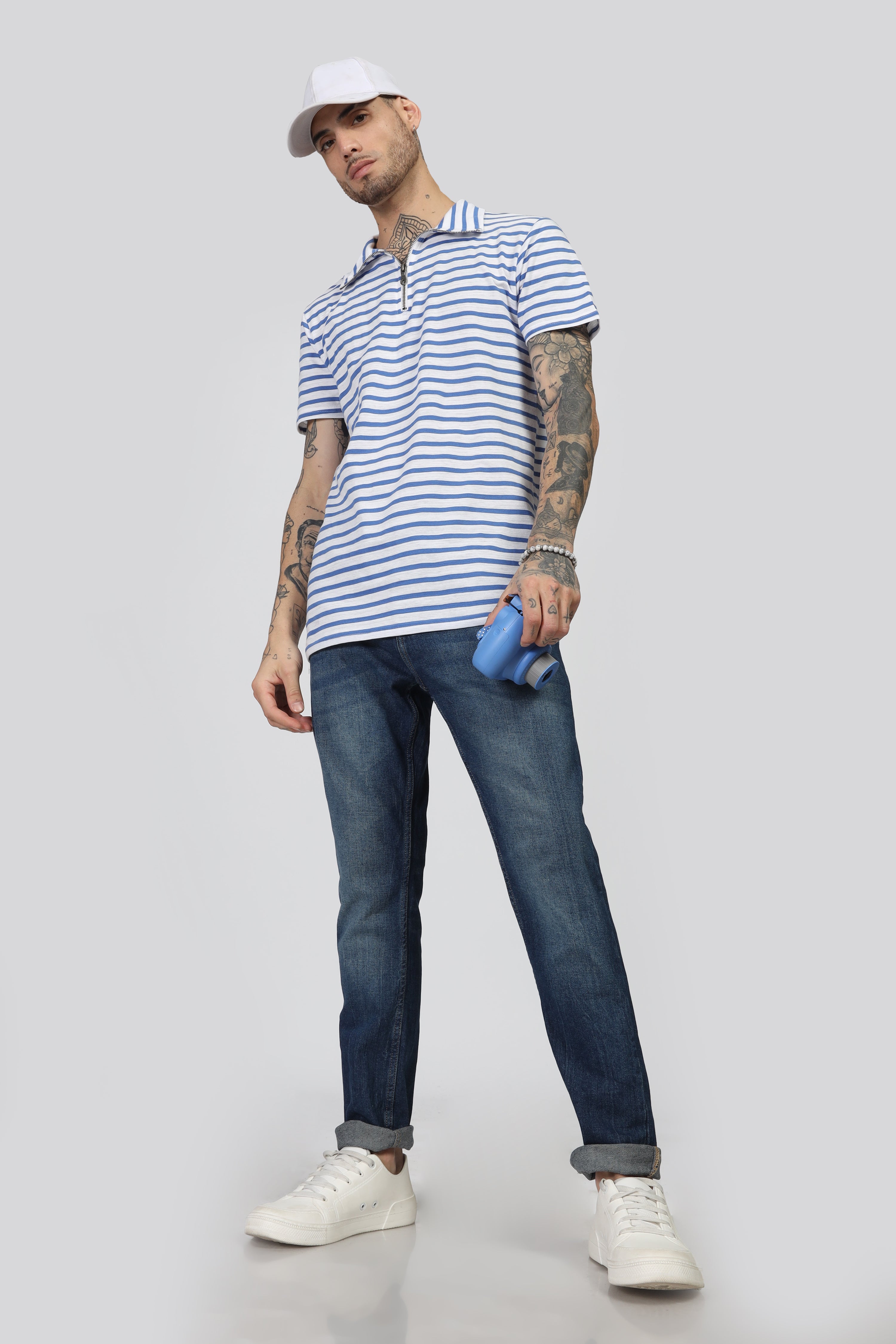 Blue Striper Zipper T-Shirt