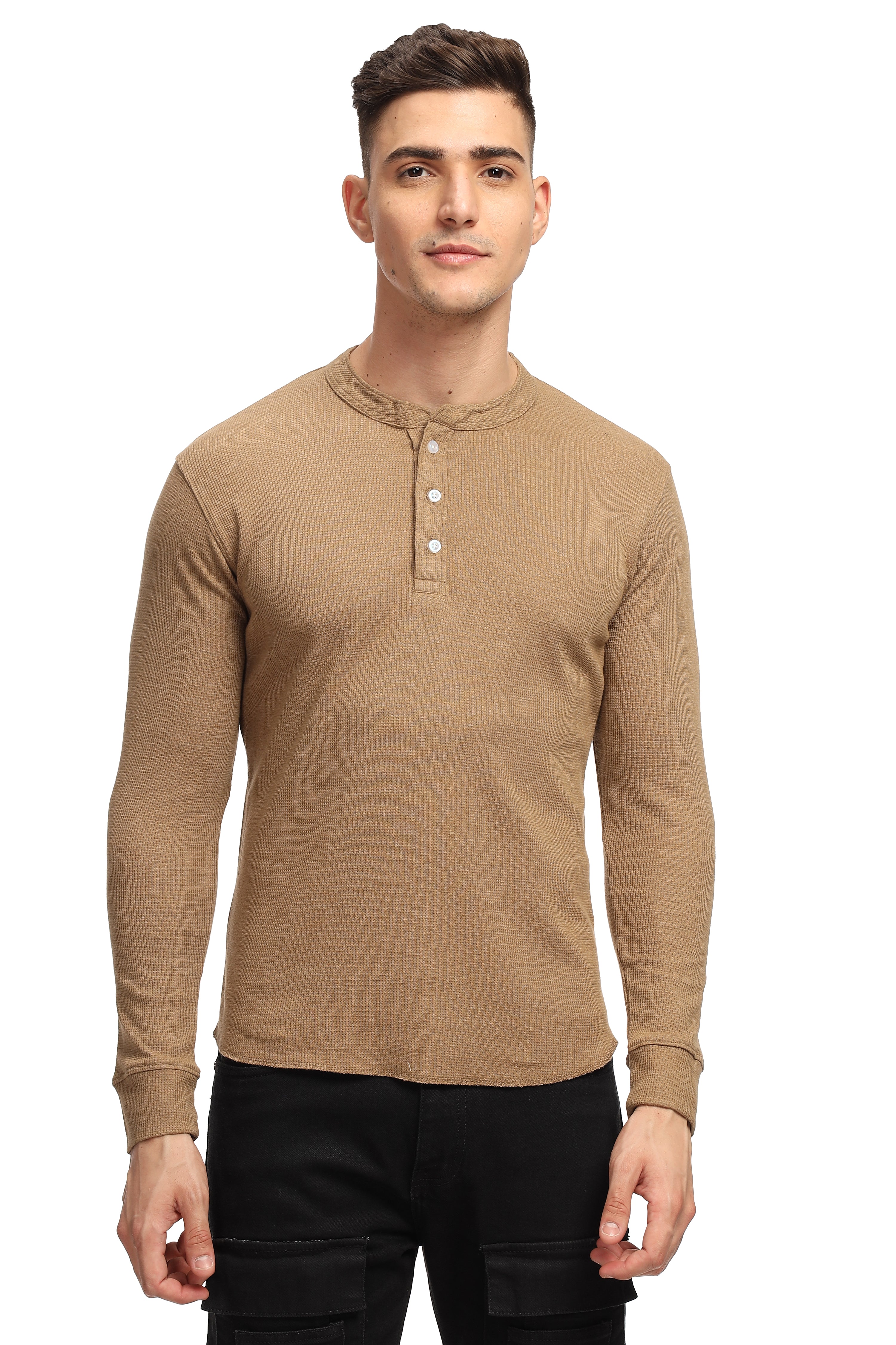 Brown Self Design Waffle Knit Henley T-Shirt