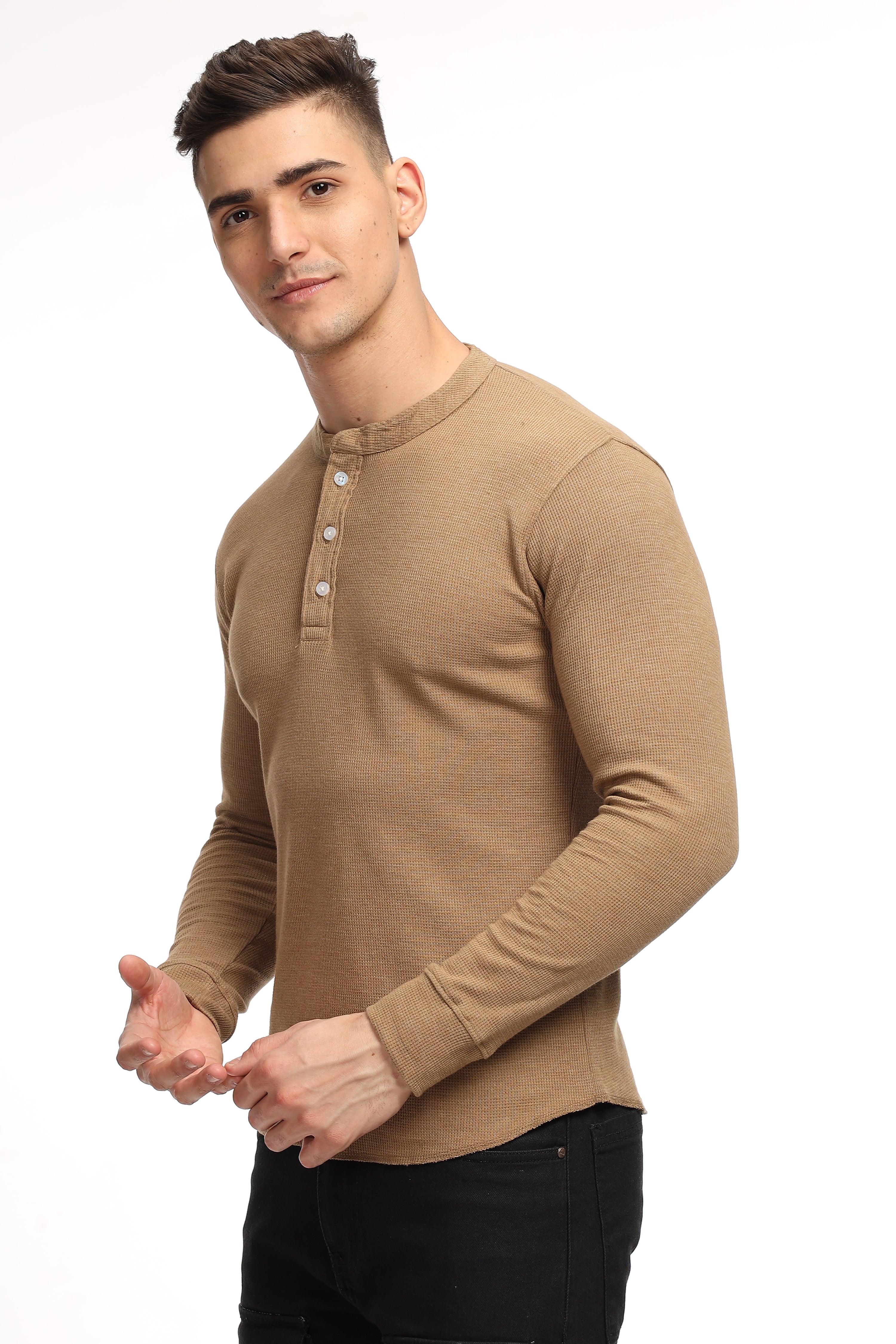 Brown Self Design Waffle Knit Henley T-Shirt