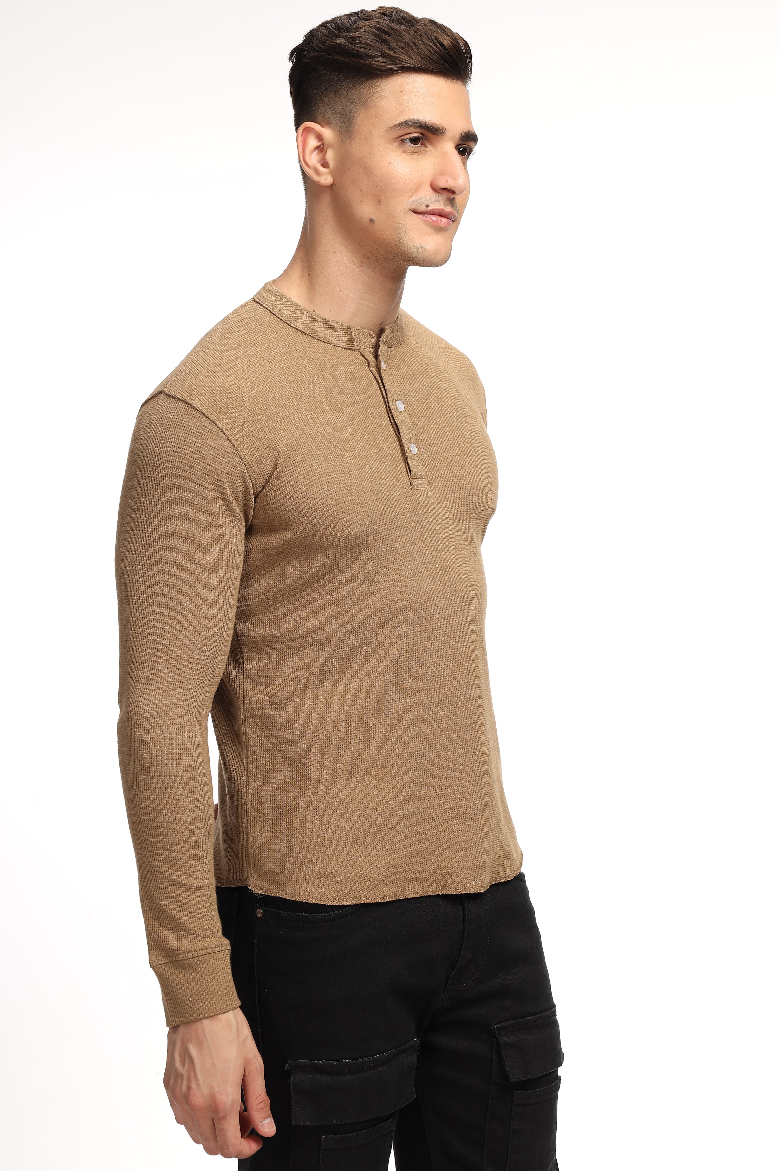 Brown Self Design Waffle Knit Henley T-Shirt