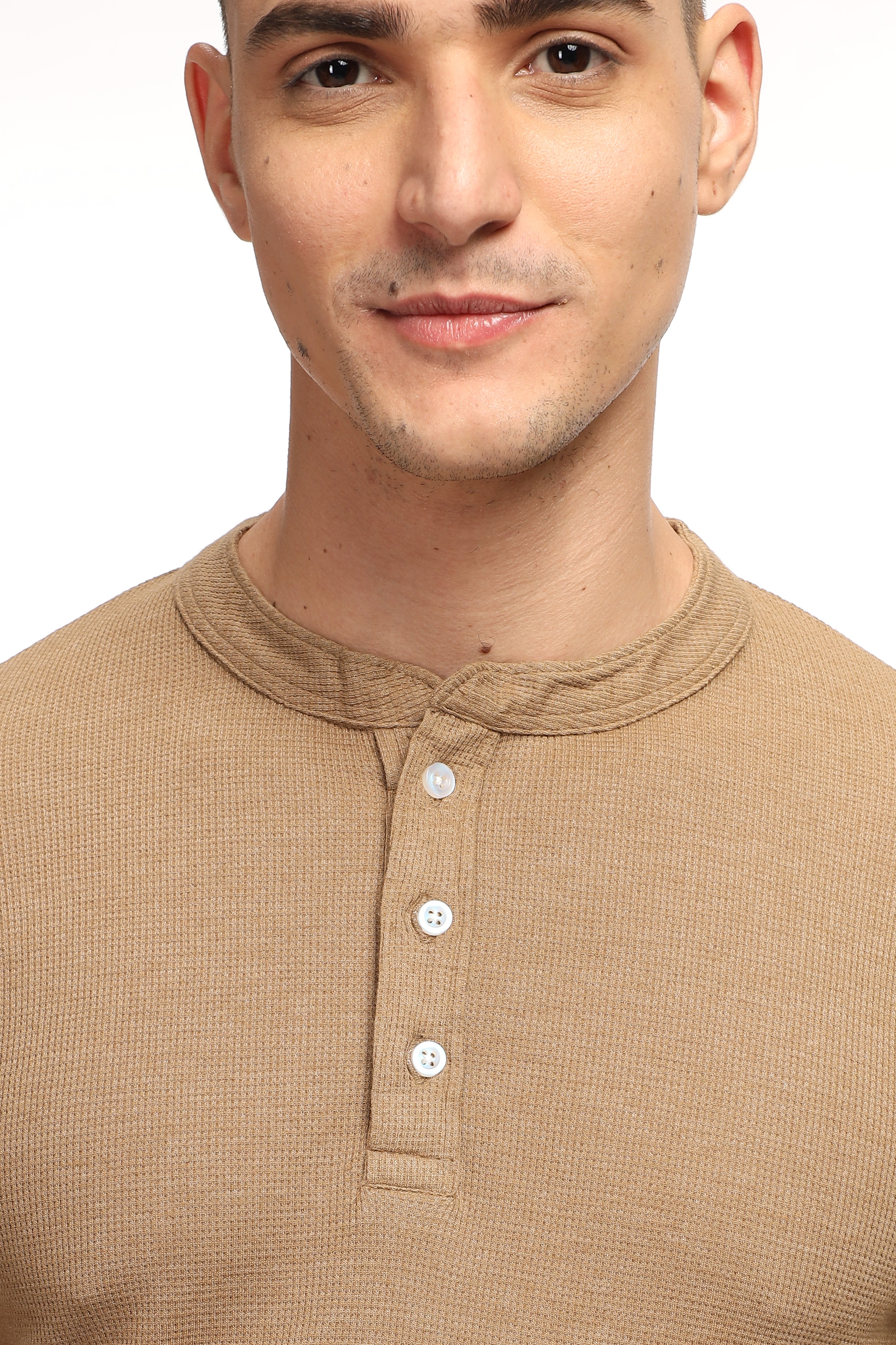 Brown Self Design Waffle Knit Henley T-Shirt