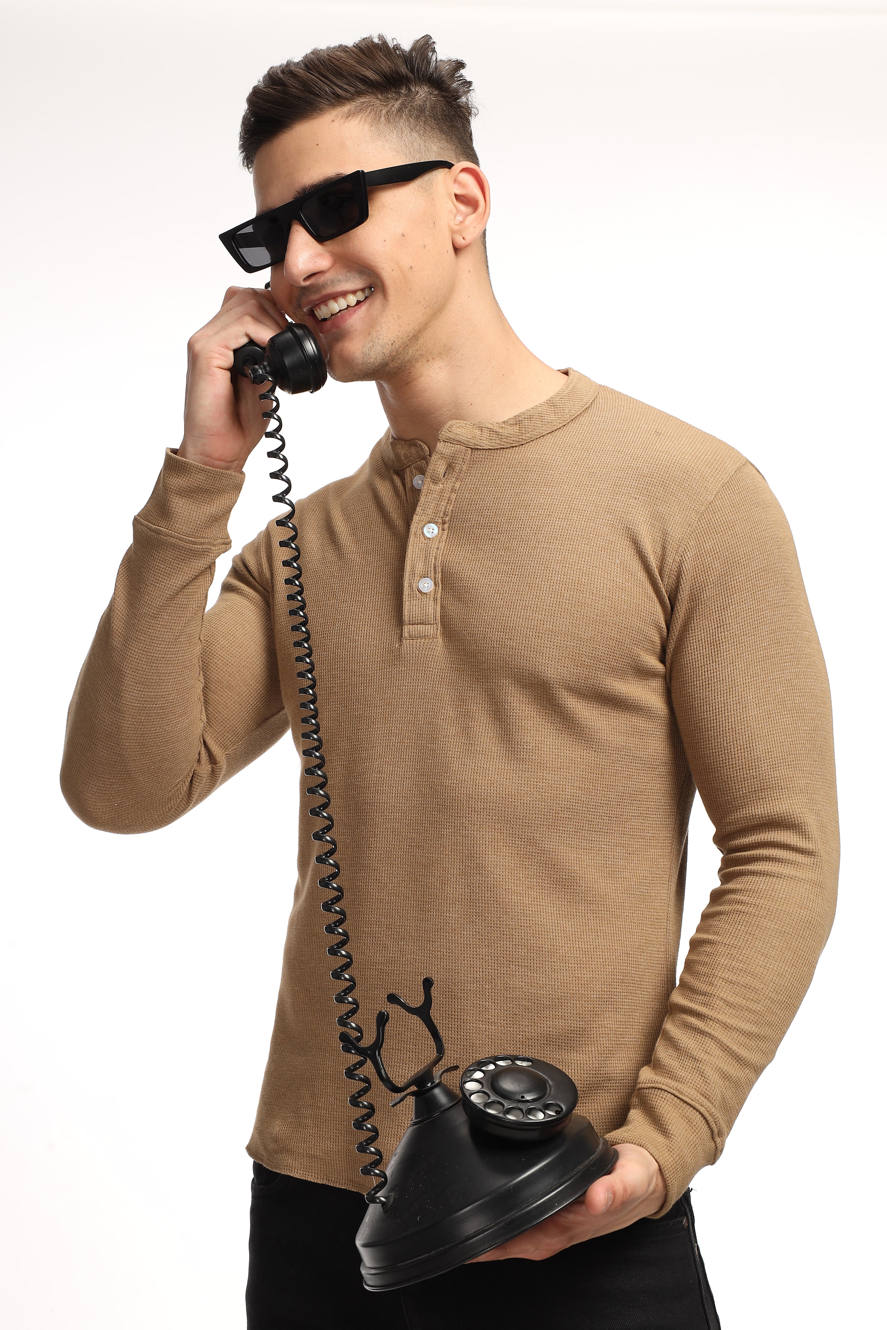 Brown Self Design Waffle Knit Henley T-Shirt