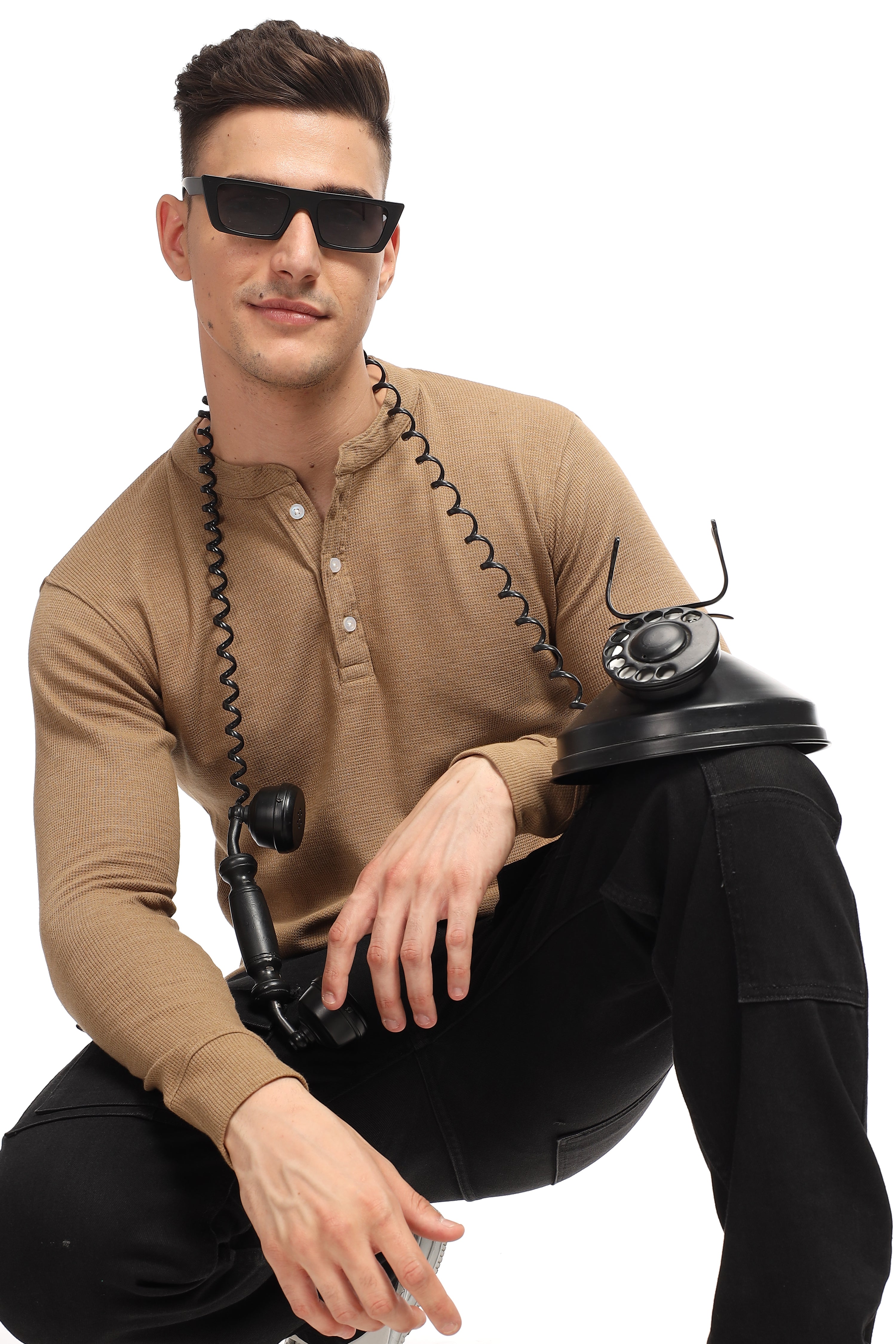 Brown Self Design Waffle Knit Henley T-Shirt