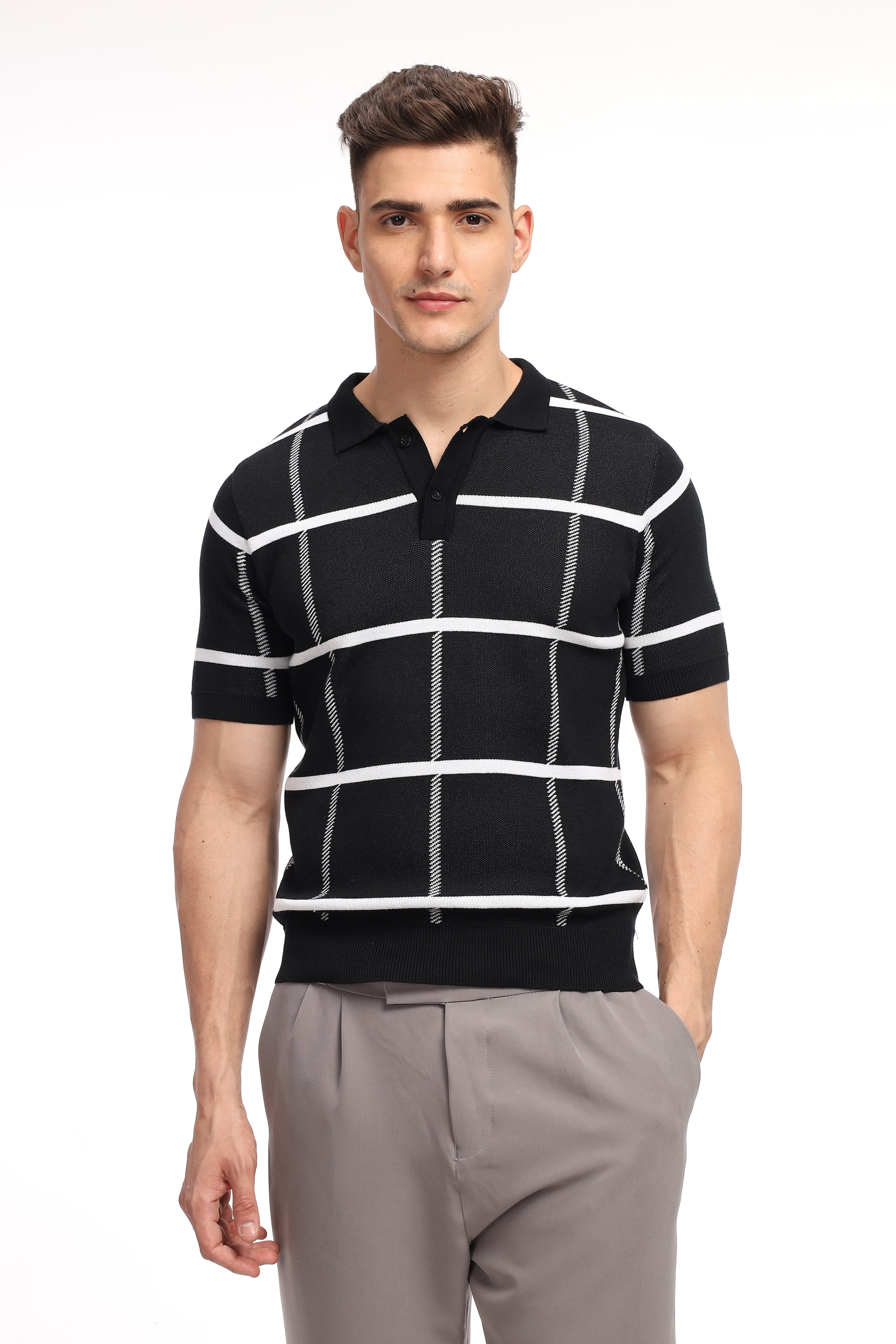 Black Check Flat Knit Premium Polo T-Shirt