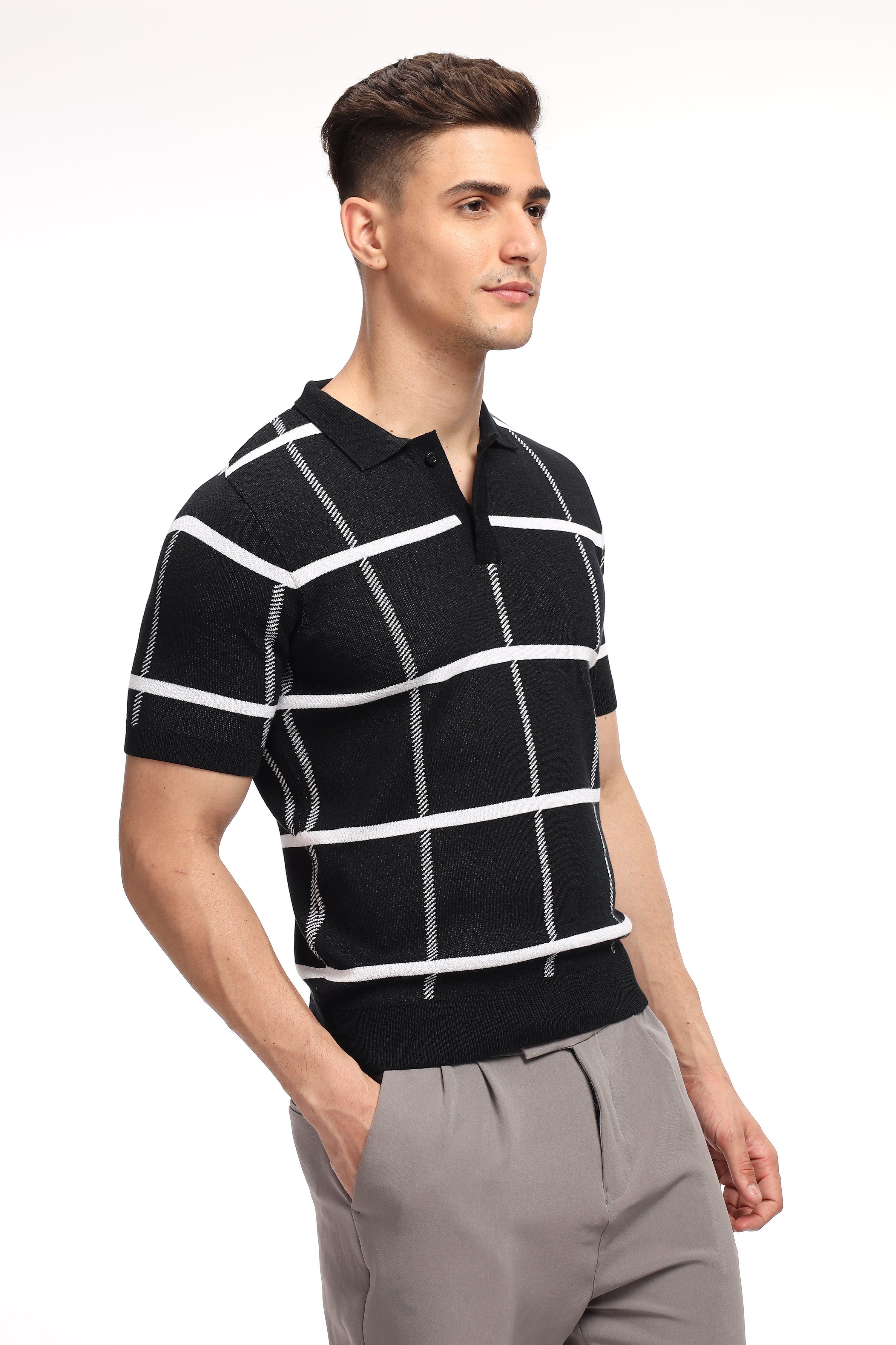 Black Check Flat Knit Premium Polo T-Shirt