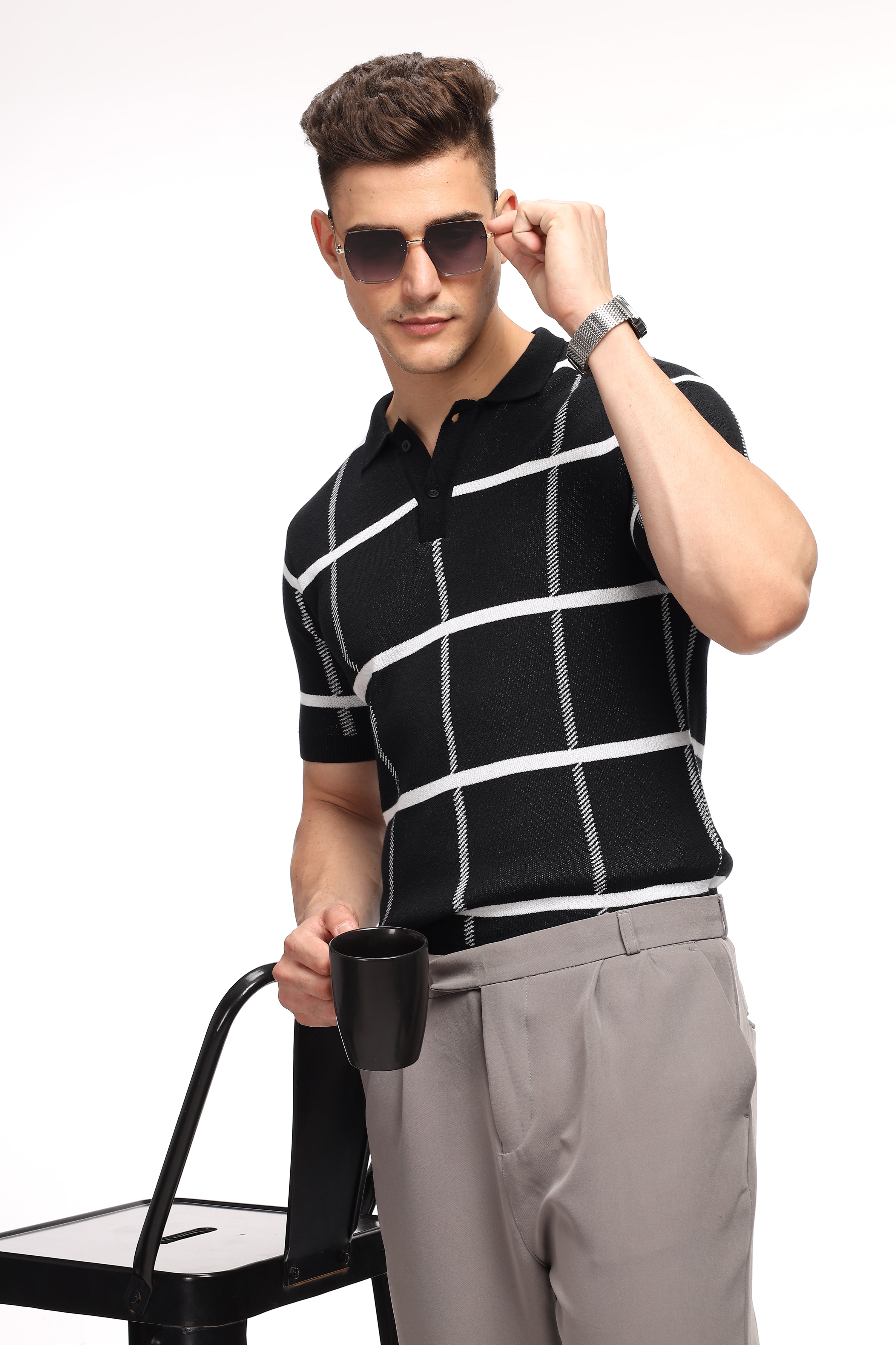 Black Check Flat Knit Premium Polo T-Shirt