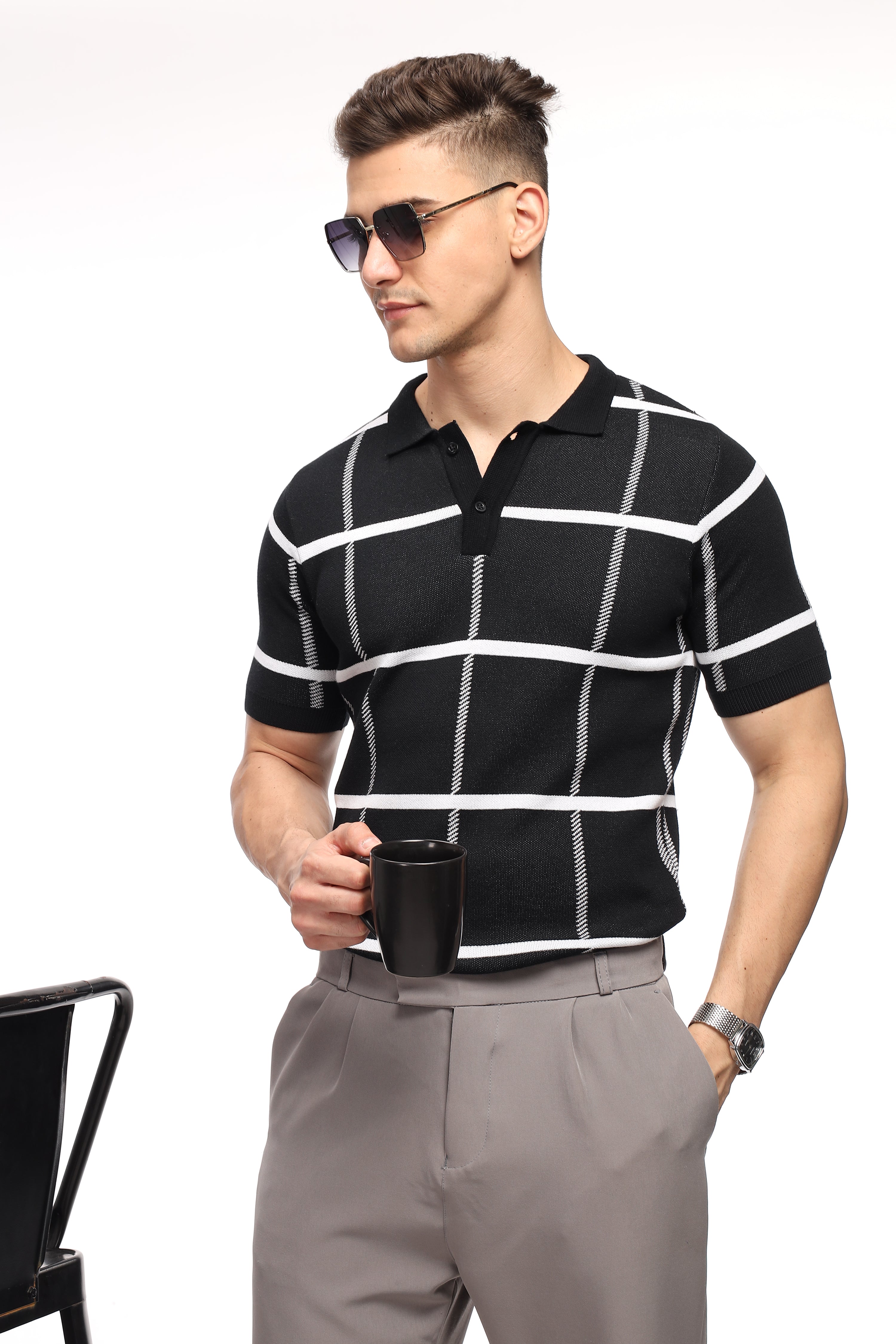 Black Check Flat Knit Premium Polo T-Shirt