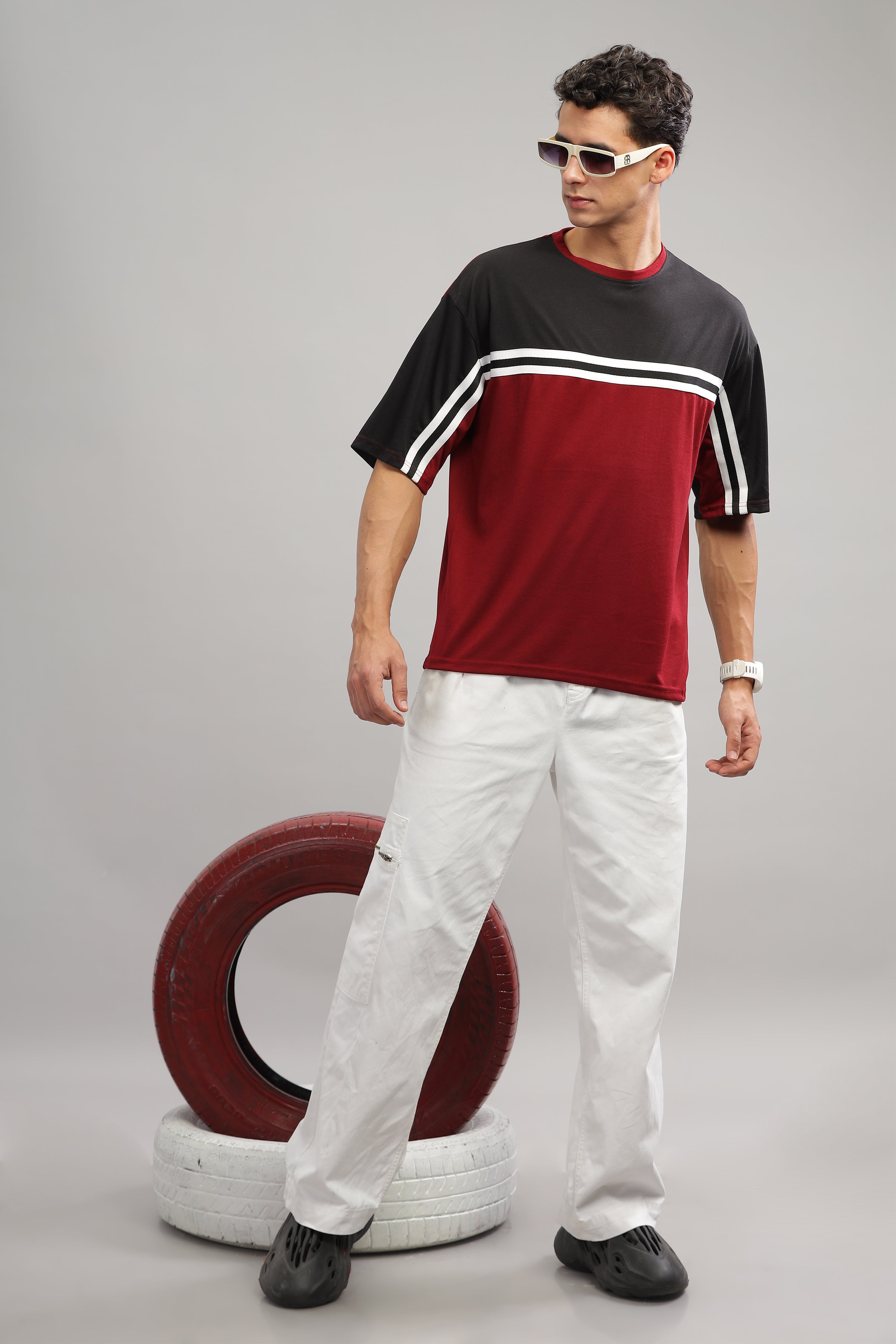 Black Maroon Oversized Color Block T-Shirt