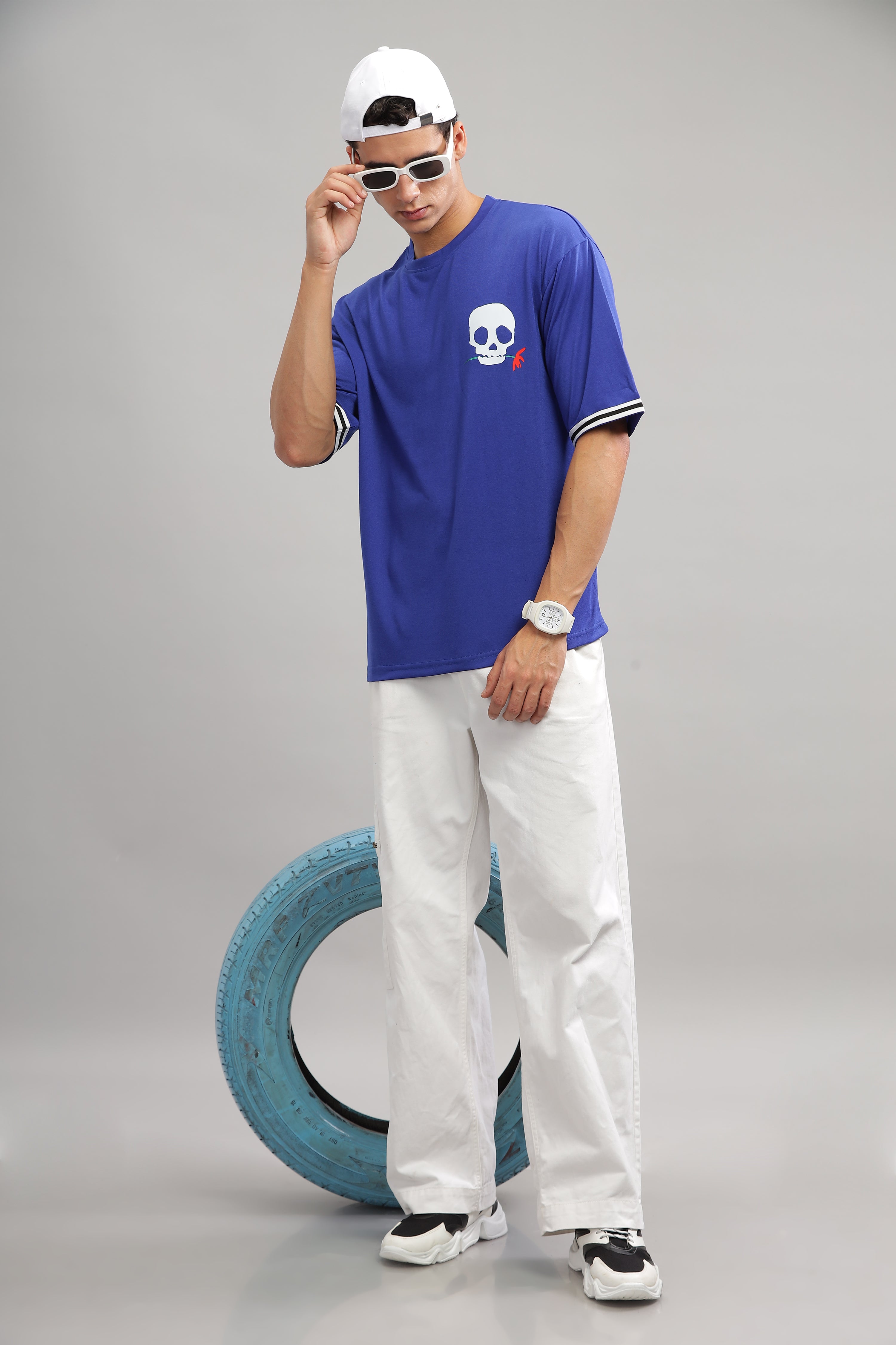 Blue Oversized "Skeleton" White Tapping T-Shirt