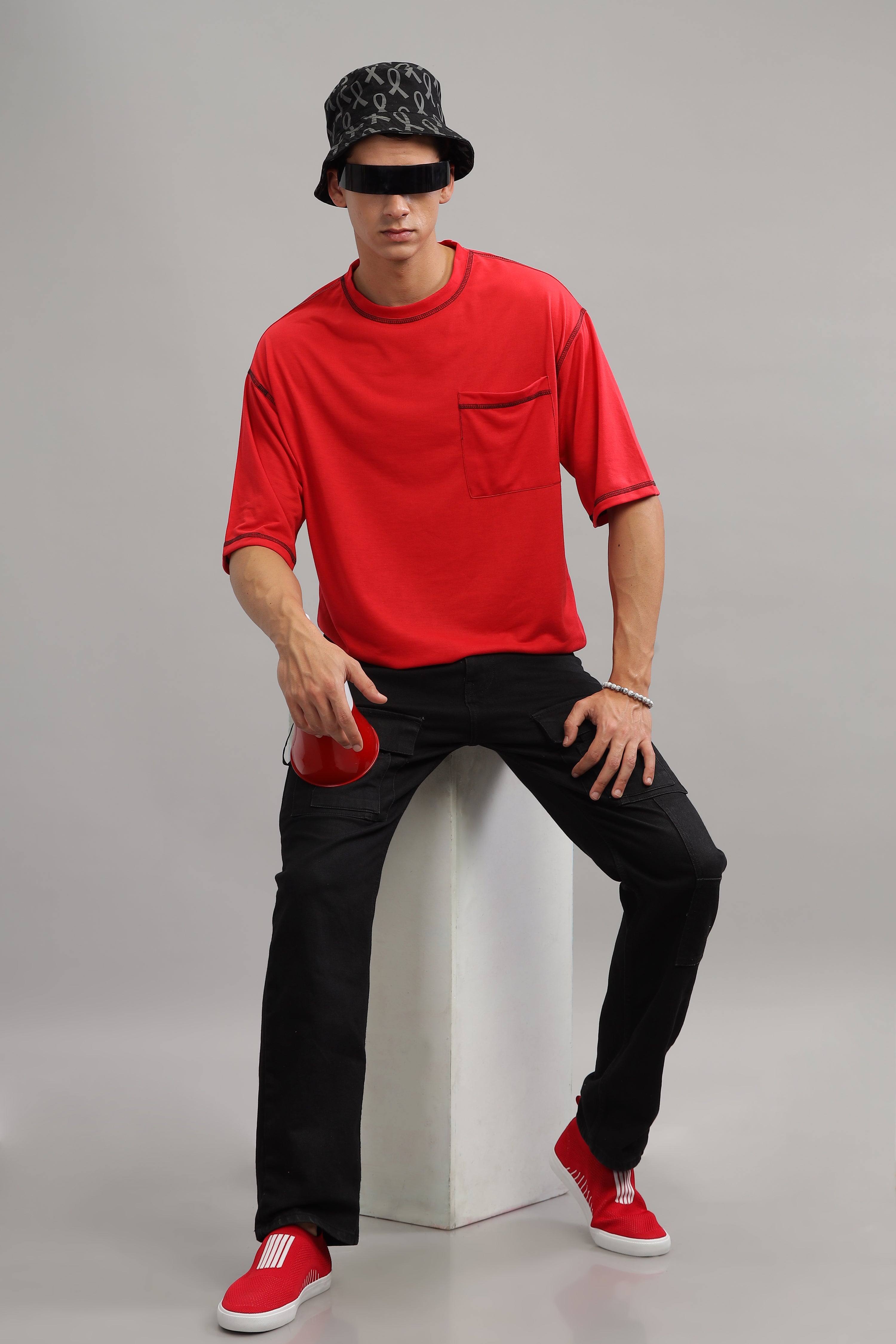 Red Oversized Flap Pocket T-Shirt