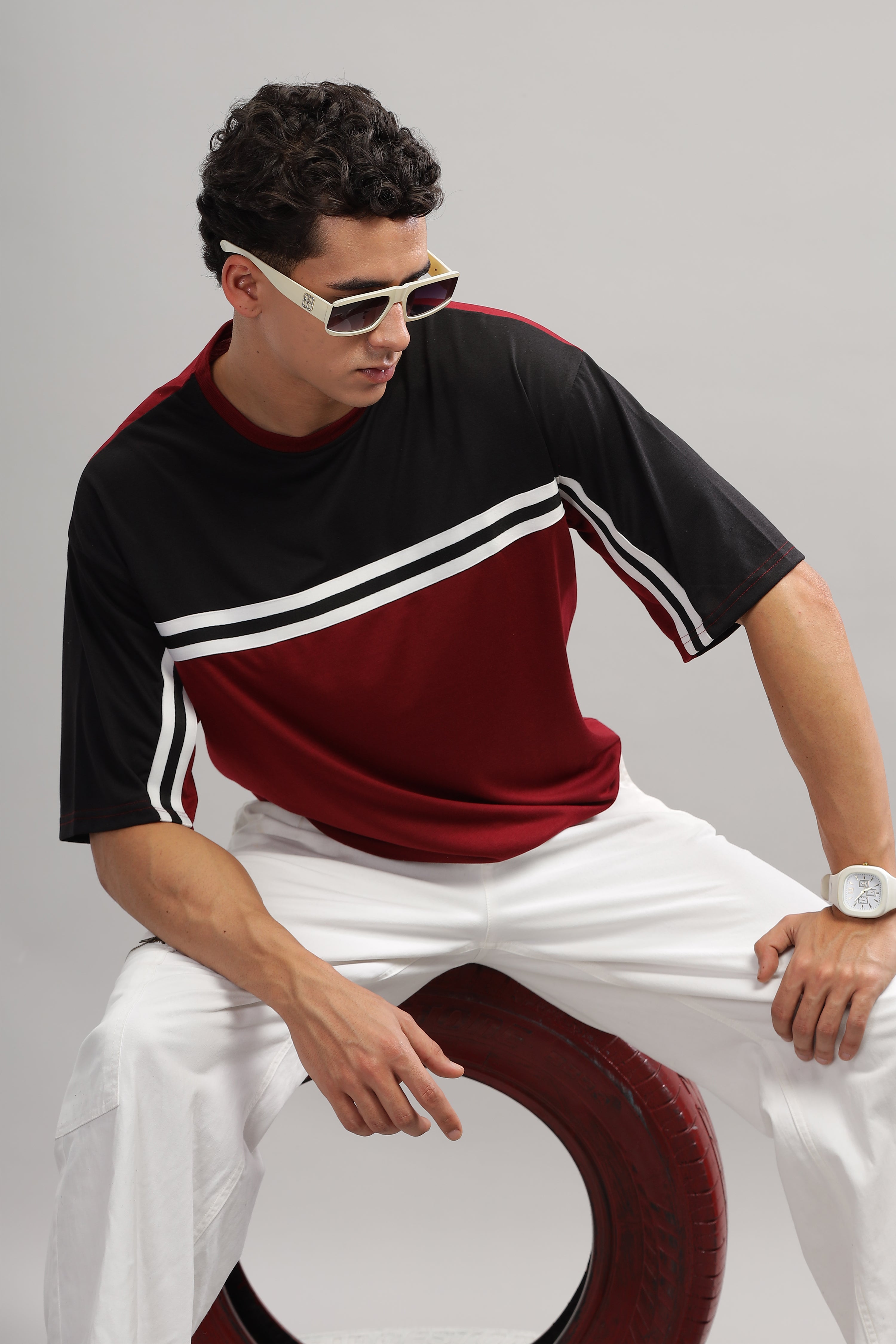 Black Maroon Oversized Color Block T-Shirt