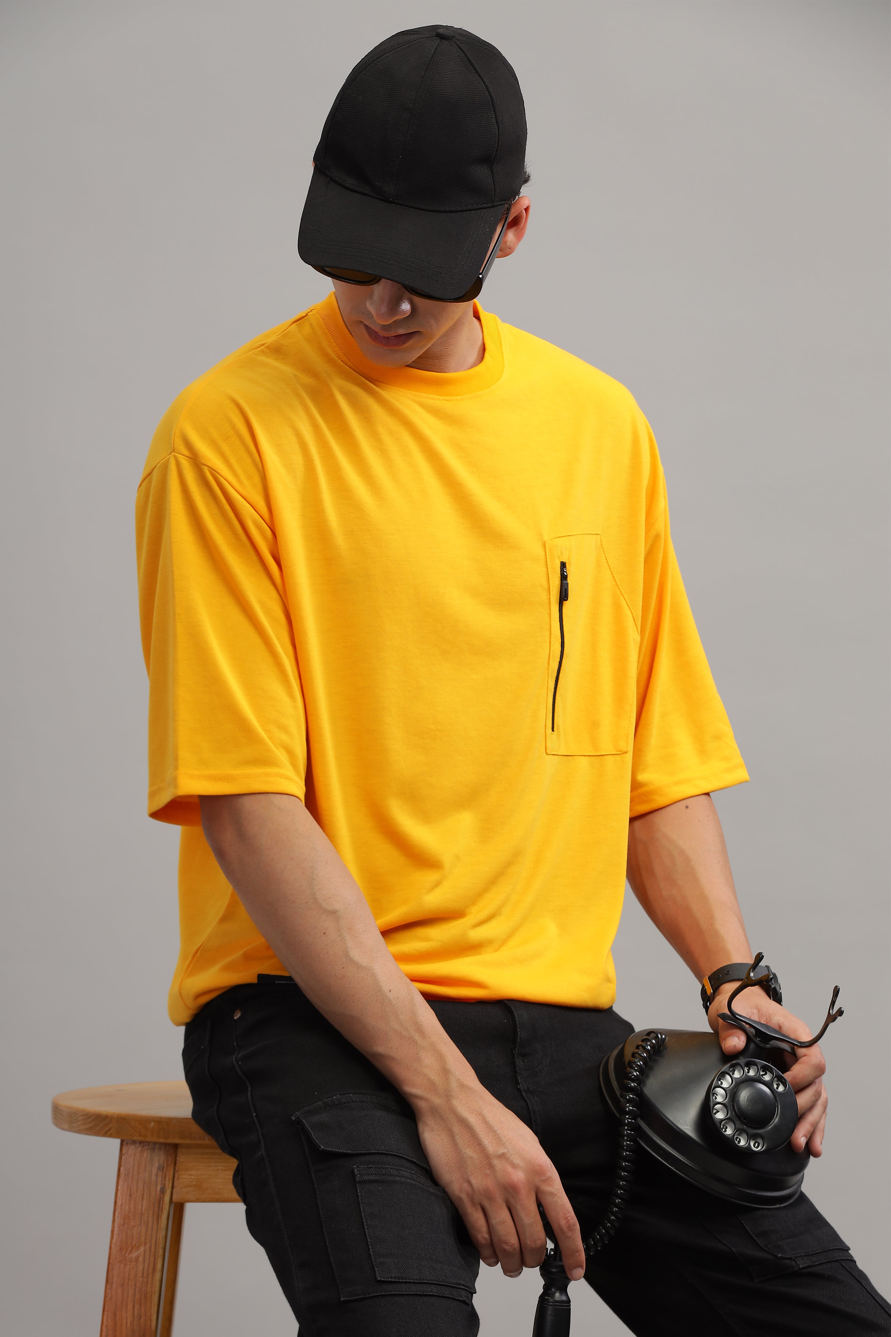 Mustard Oversized Solid Zipper Pocket T-Shirt