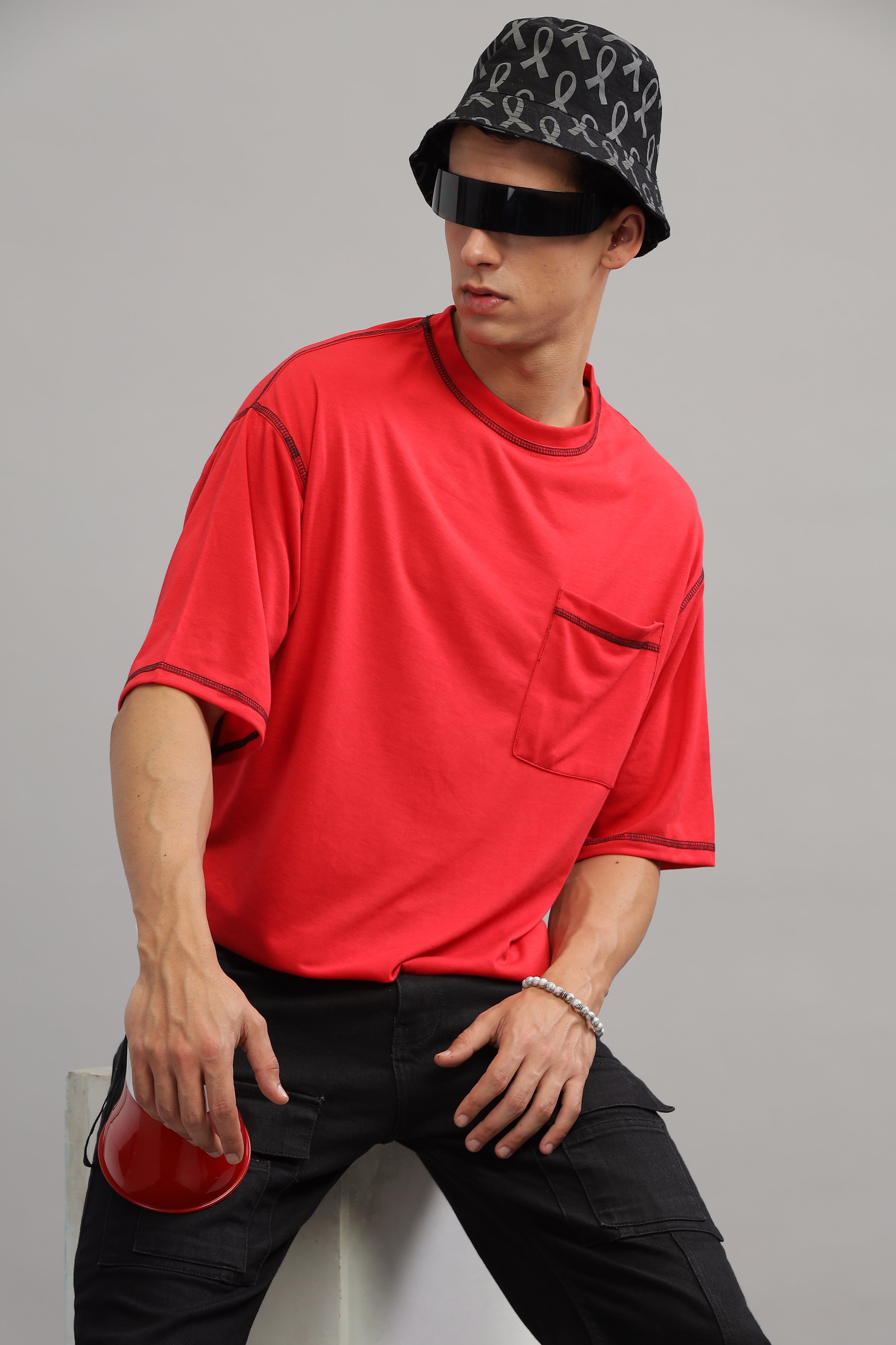 Red Oversized Flap Pocket T-Shirt