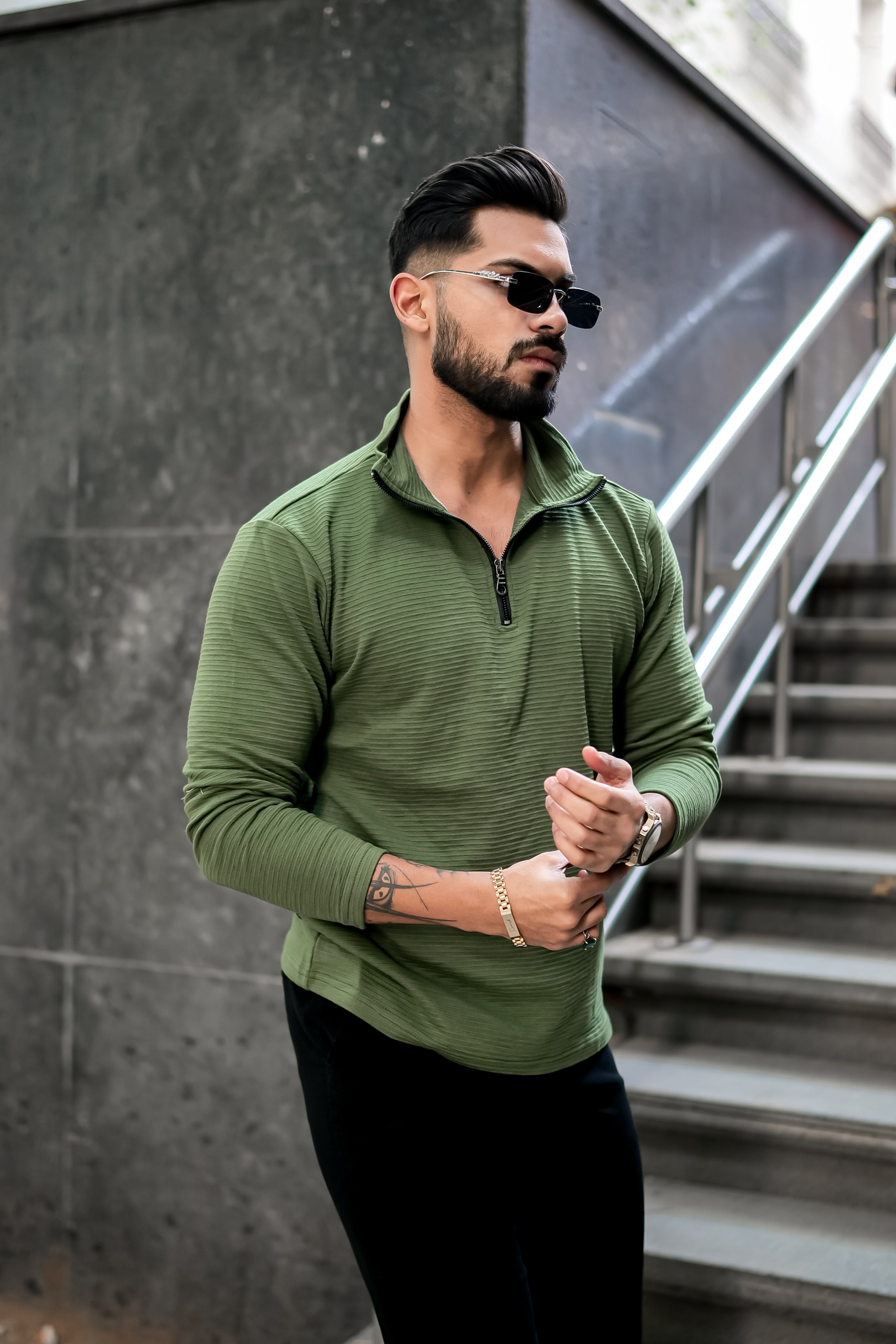 Green Textured Zipper T-Shirt