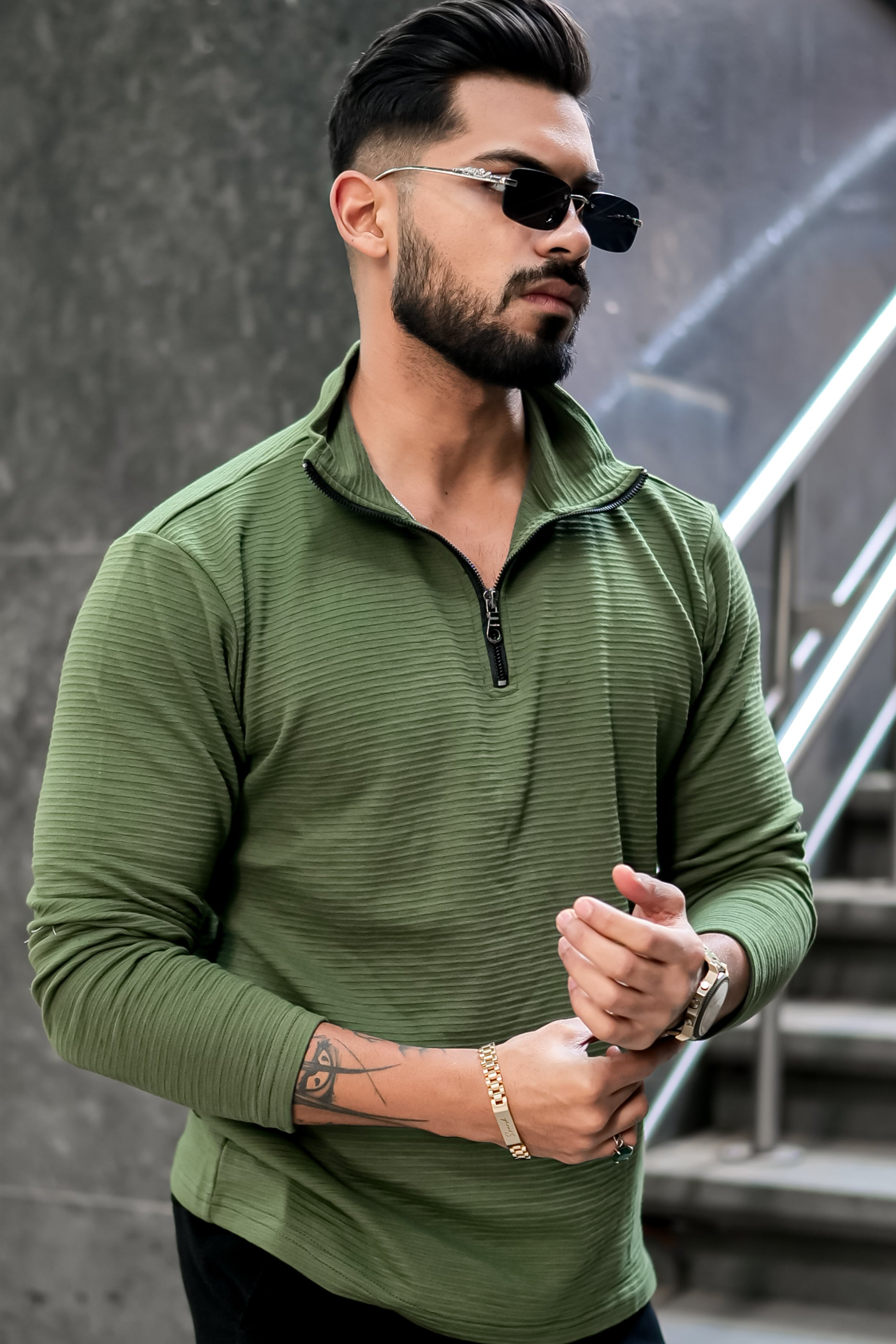 Green Textured Zipper T-Shirt