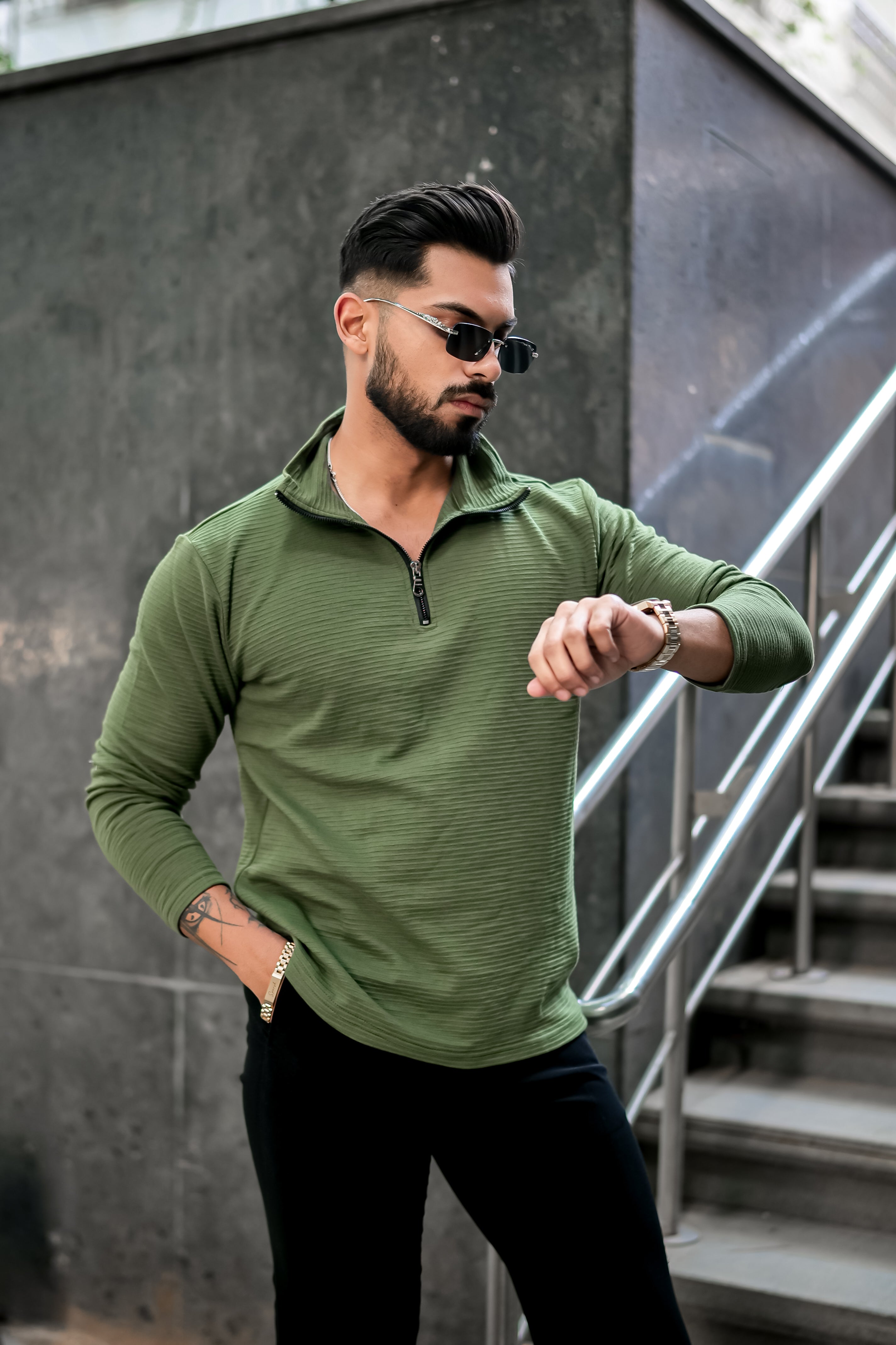 Green Textured Zipper T-Shirt