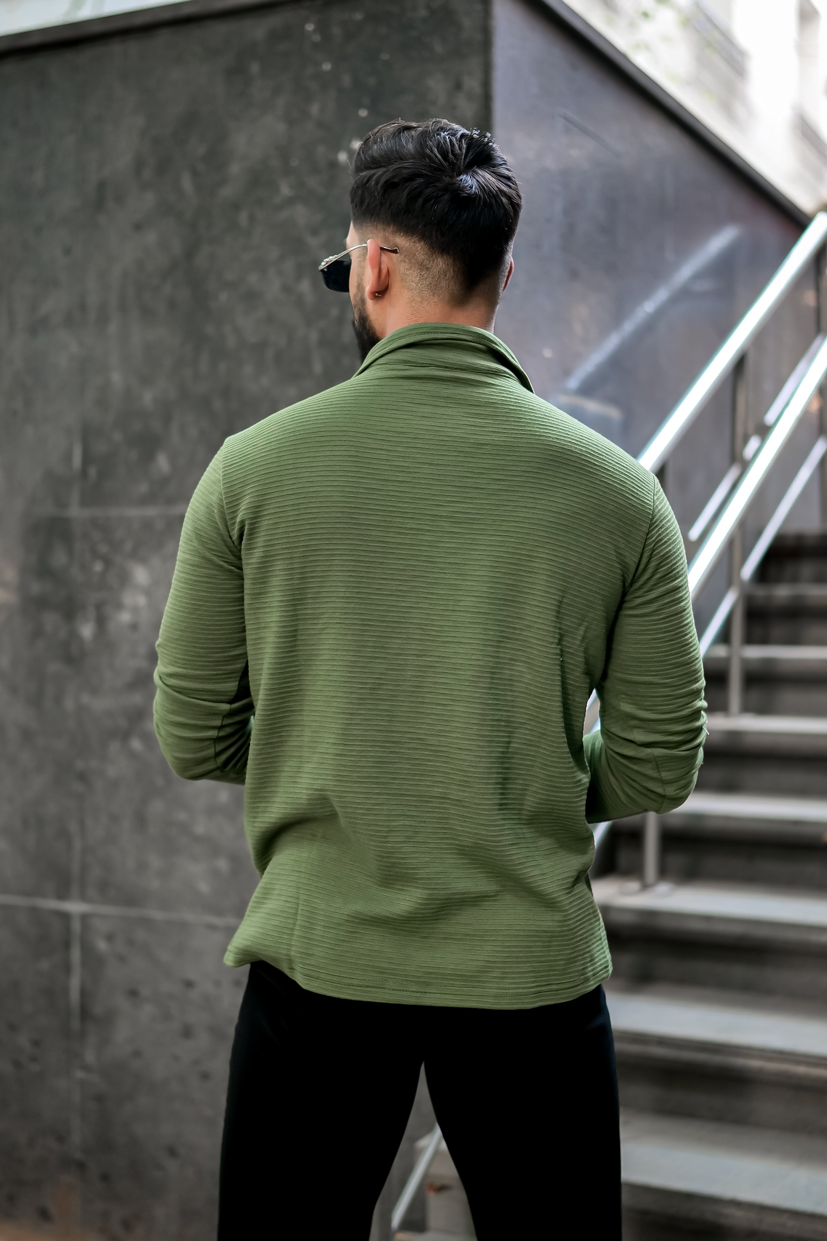 Green Textured Zipper T-Shirt