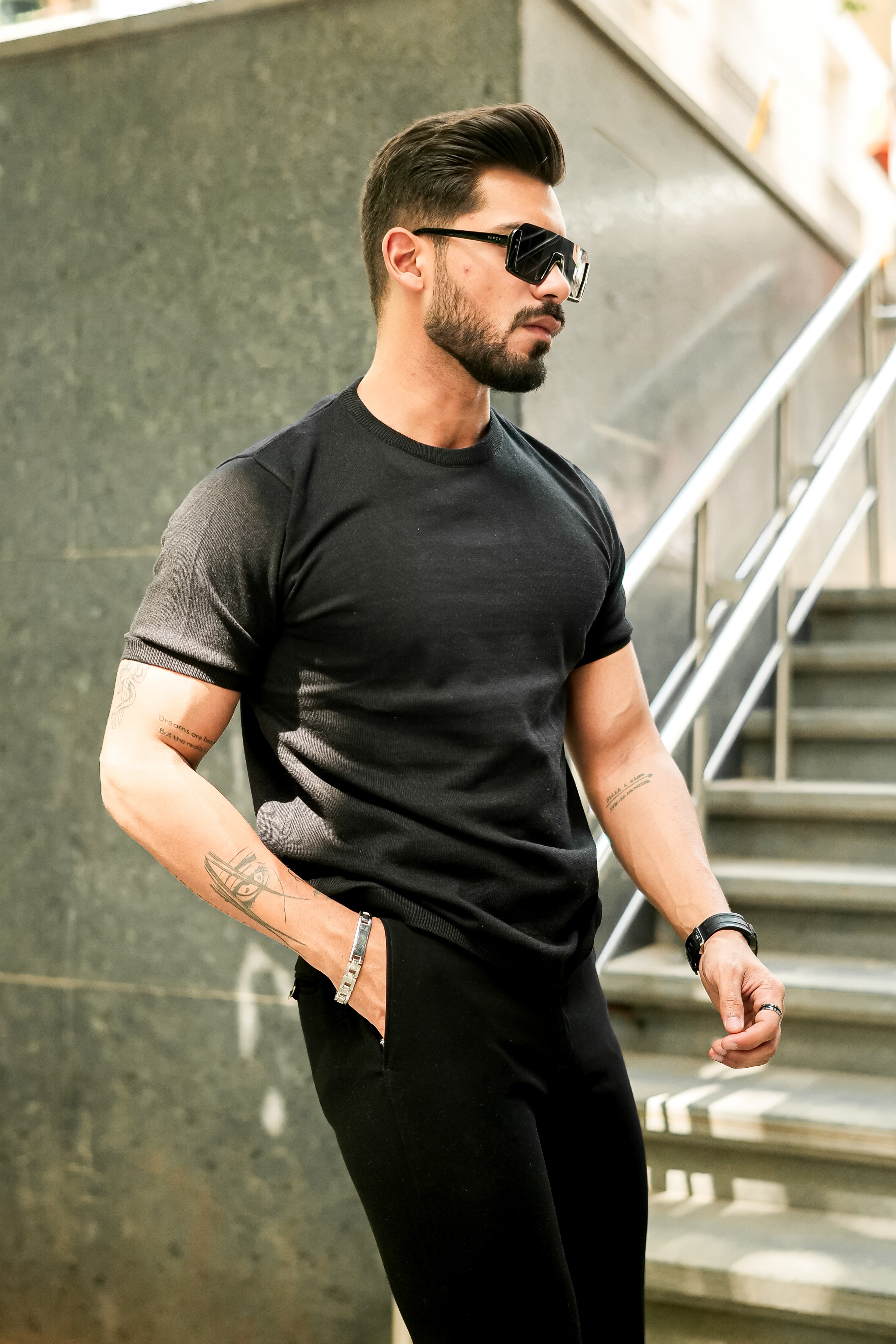 Black Premium Flat Knit Round Neck T-Shirt