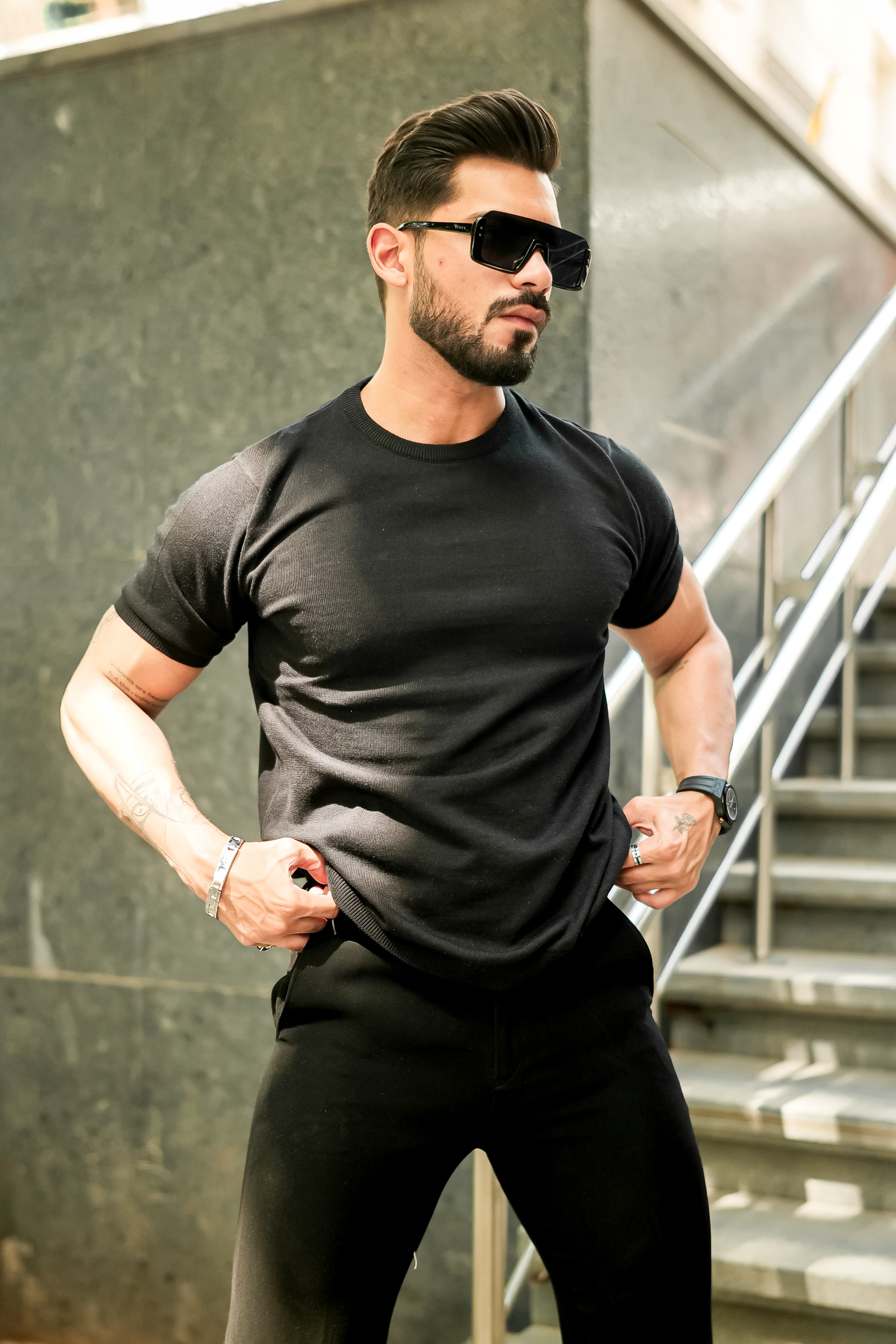 Black Premium Flat Knit Round Neck T-Shirt