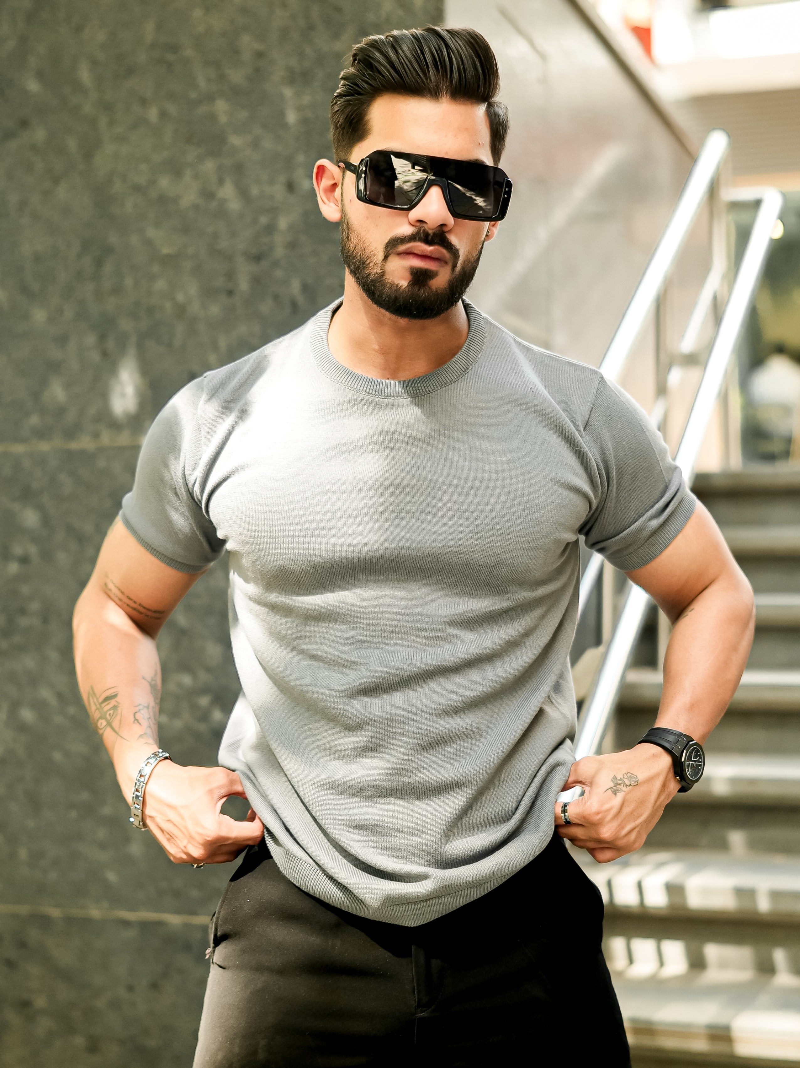 Grey Premium Flat Knit Round Neck T-Shirt