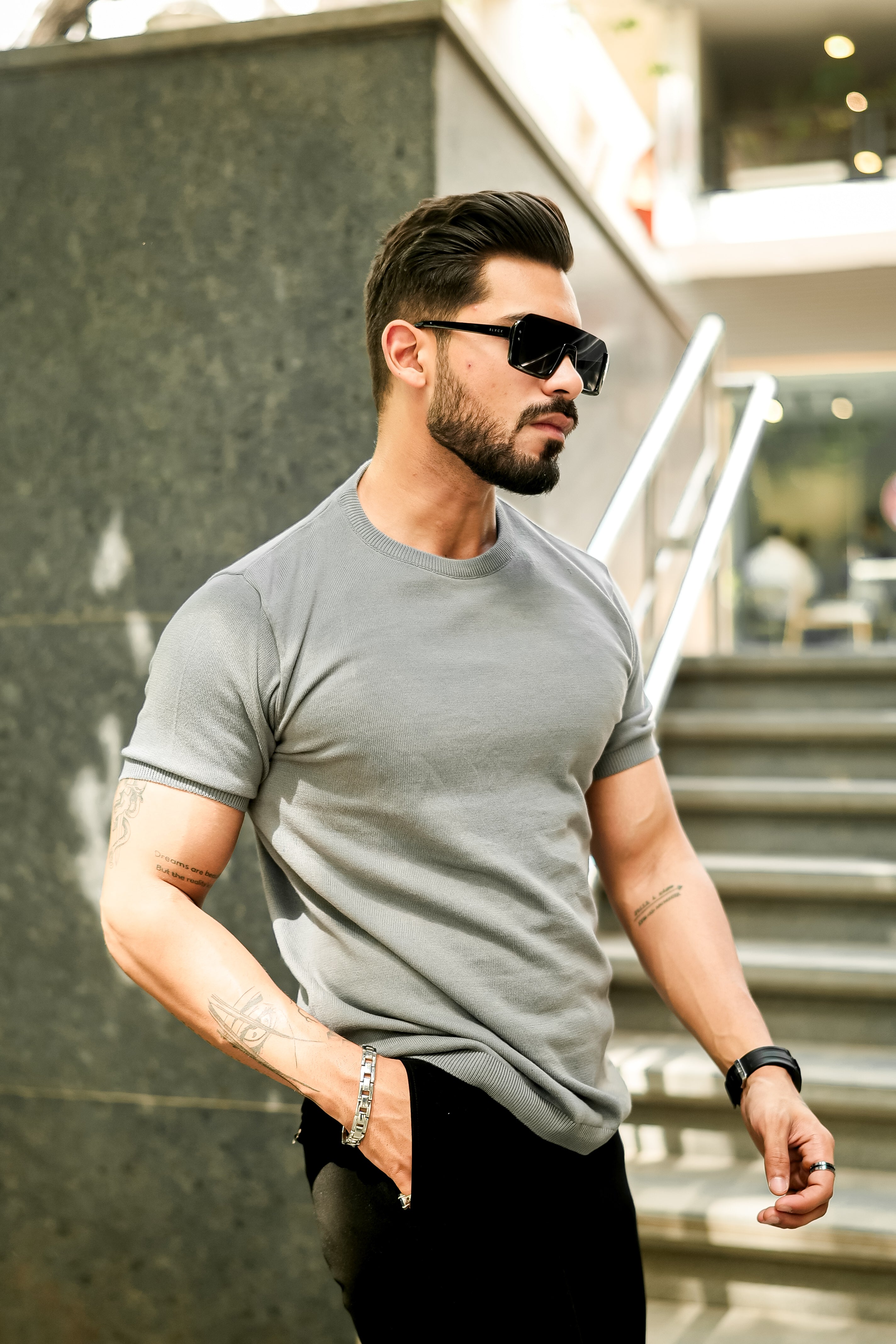 Grey Premium Flat Knit Round Neck T-Shirt