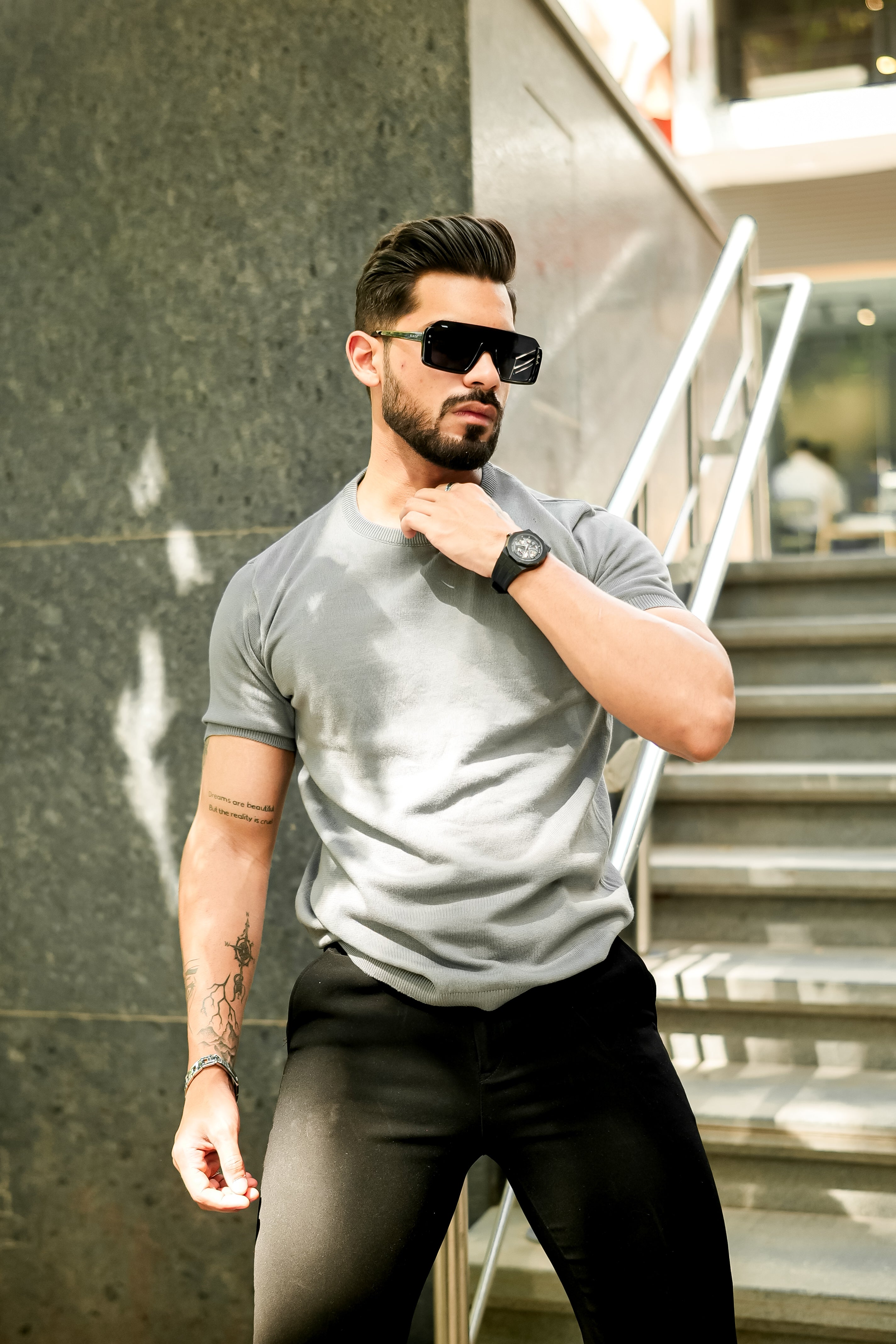 Grey Premium Flat Knit Round Neck T-Shirt