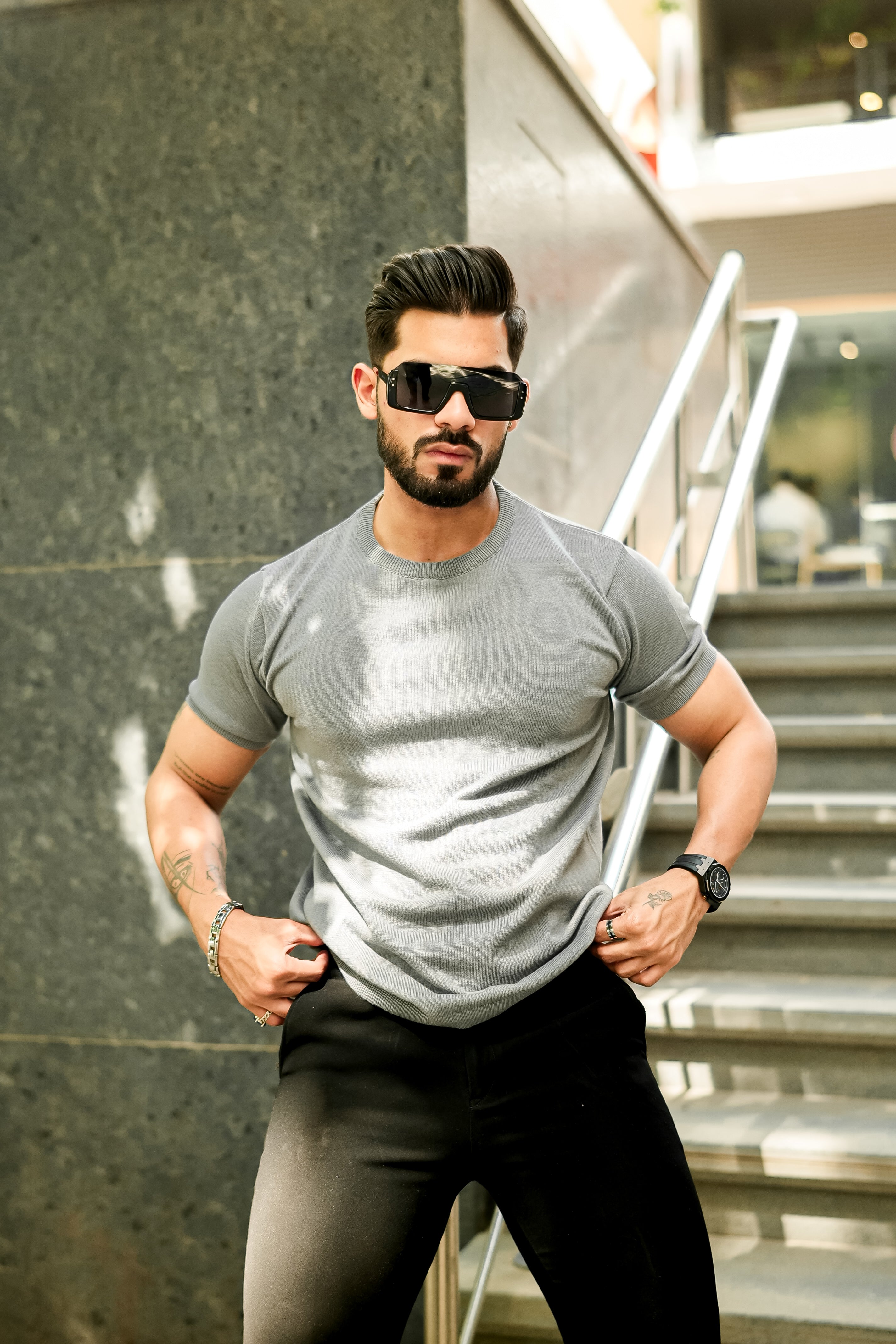 Grey Premium Flat Knit Round Neck T-Shirt