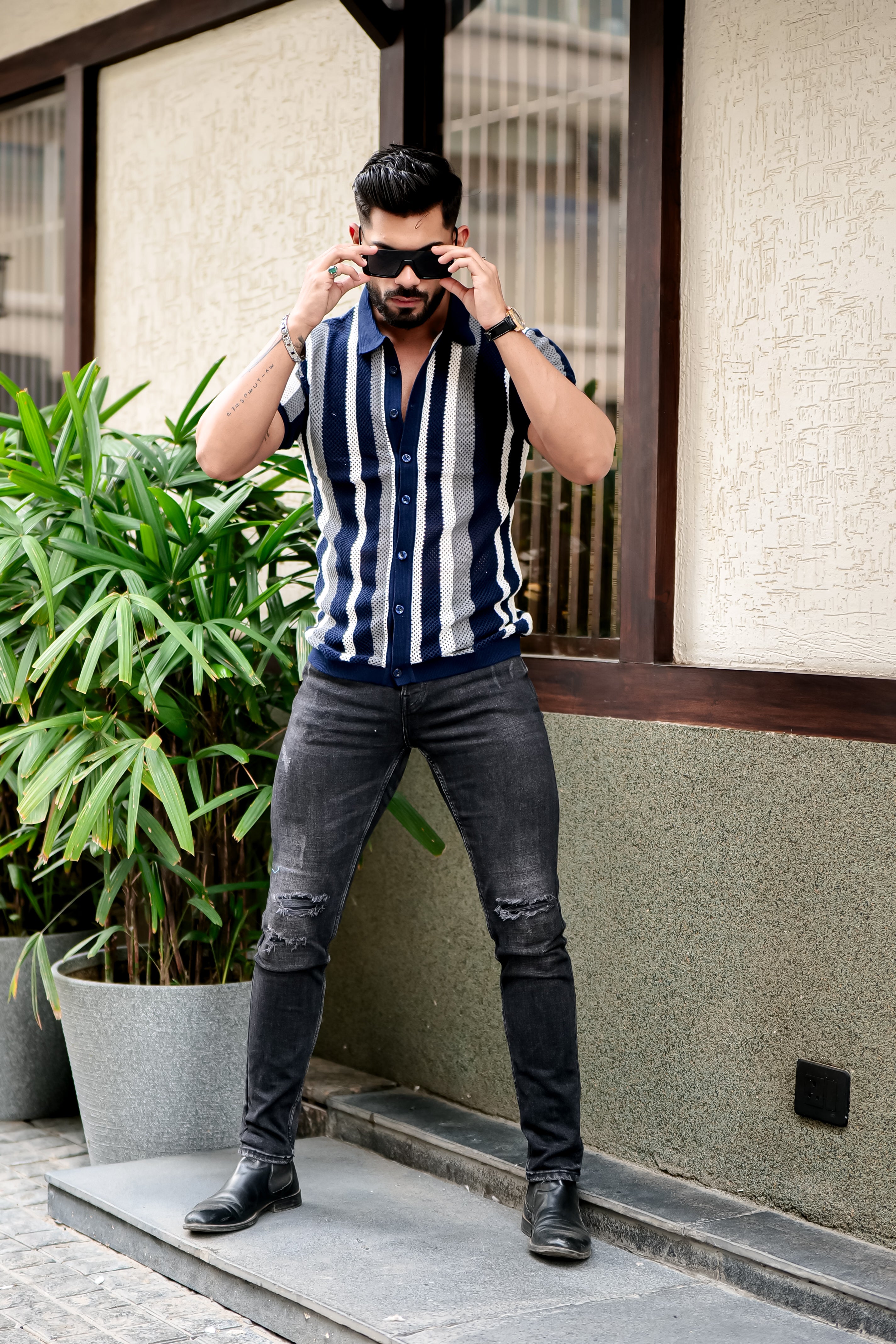 Blue White Self Design Crochet Shirt