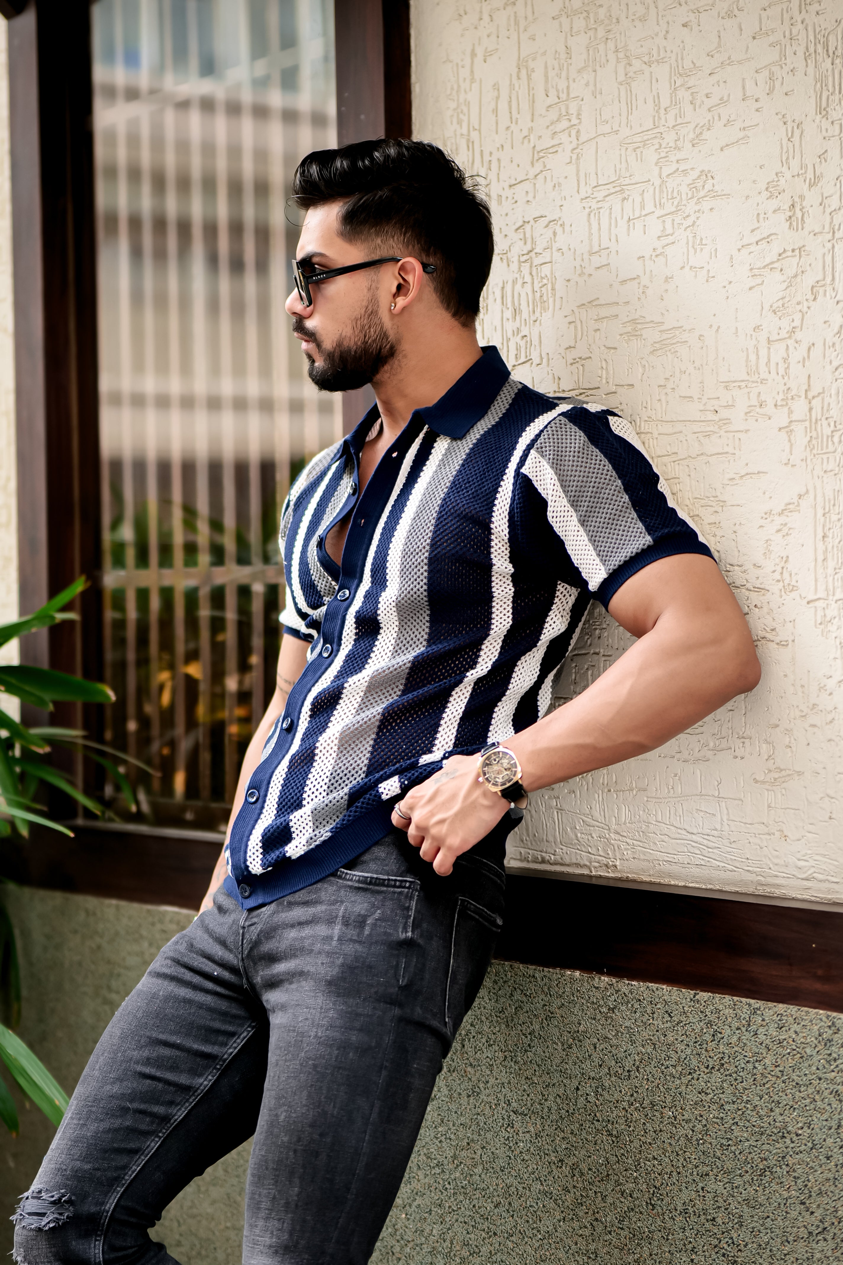 Blue White Self Design Crochet Shirt