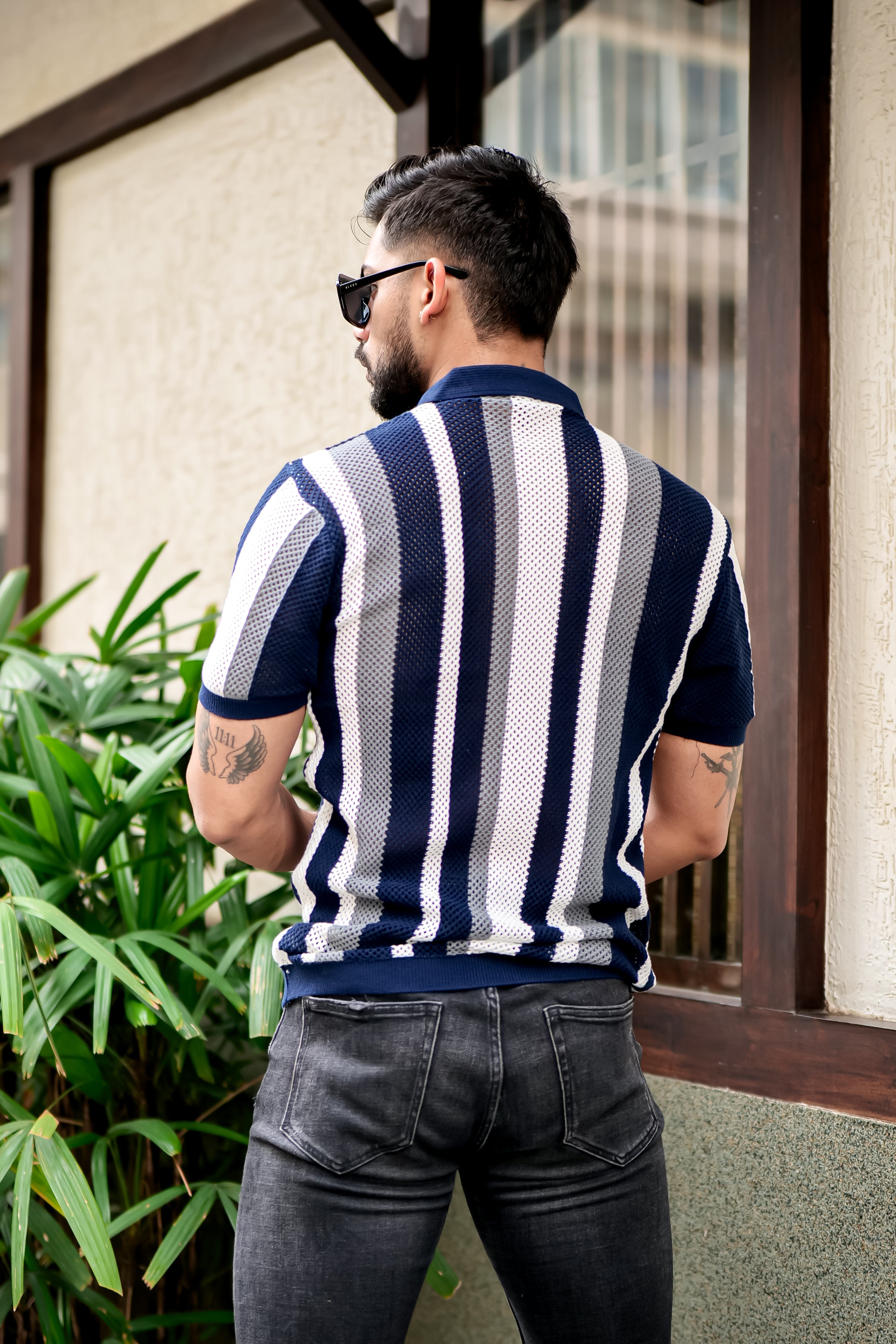 Blue White Self Design Crochet Shirt