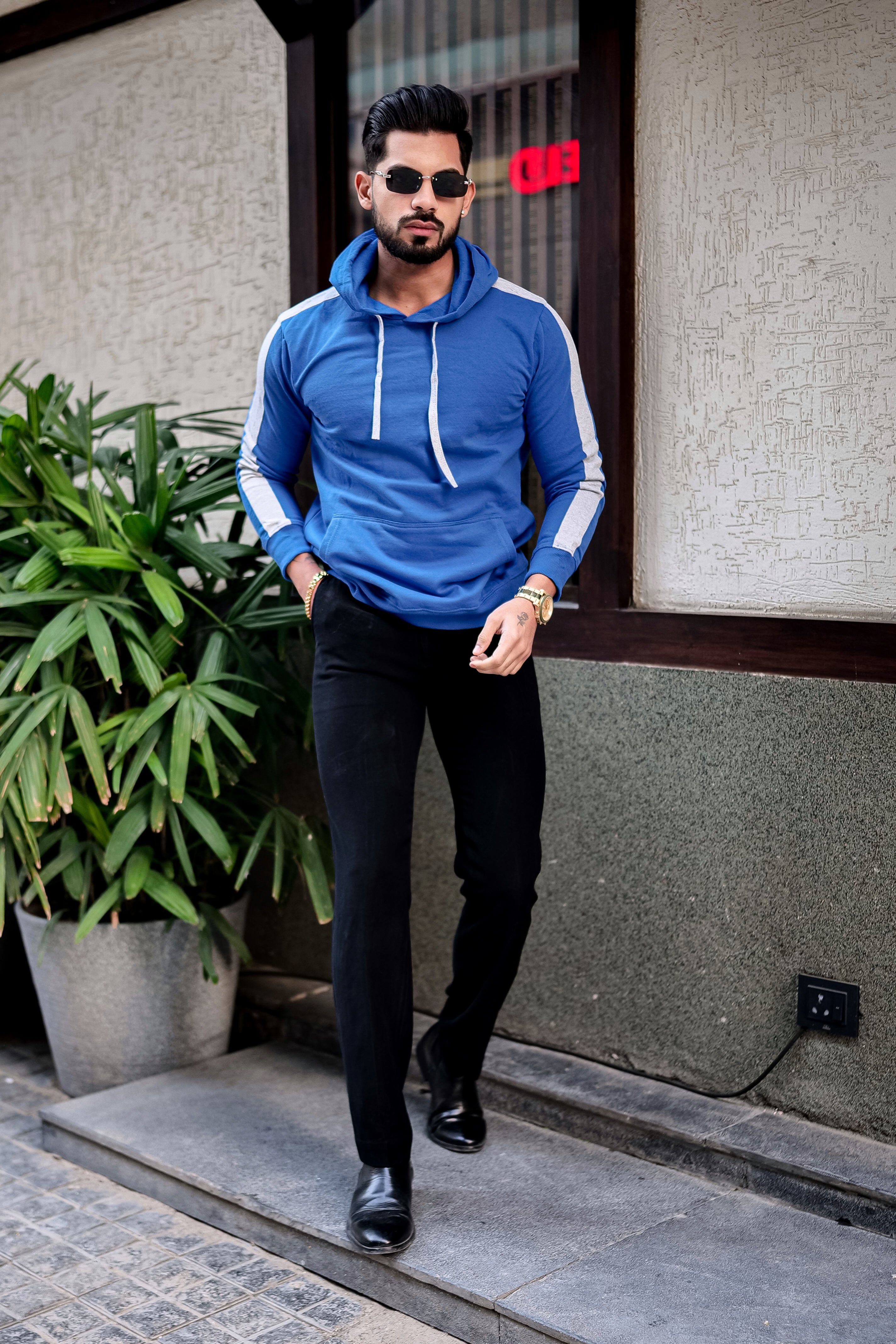 Blue Hooded Sweatshirt with Kangaroo Pocket