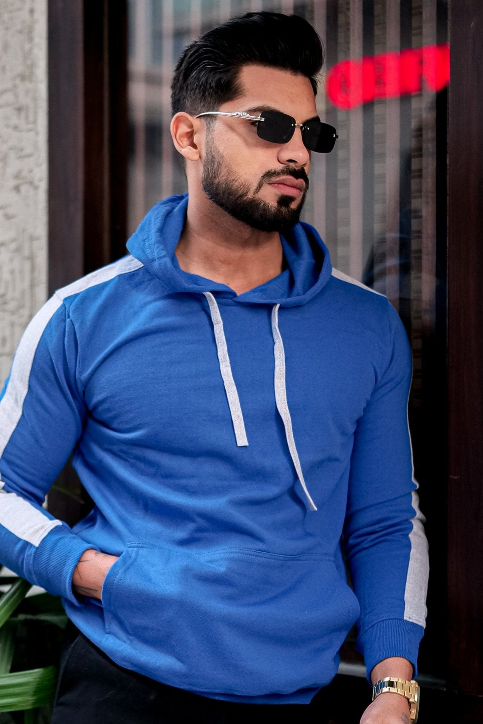 Blue Hooded Sweatshirt with Kangaroo Pocket