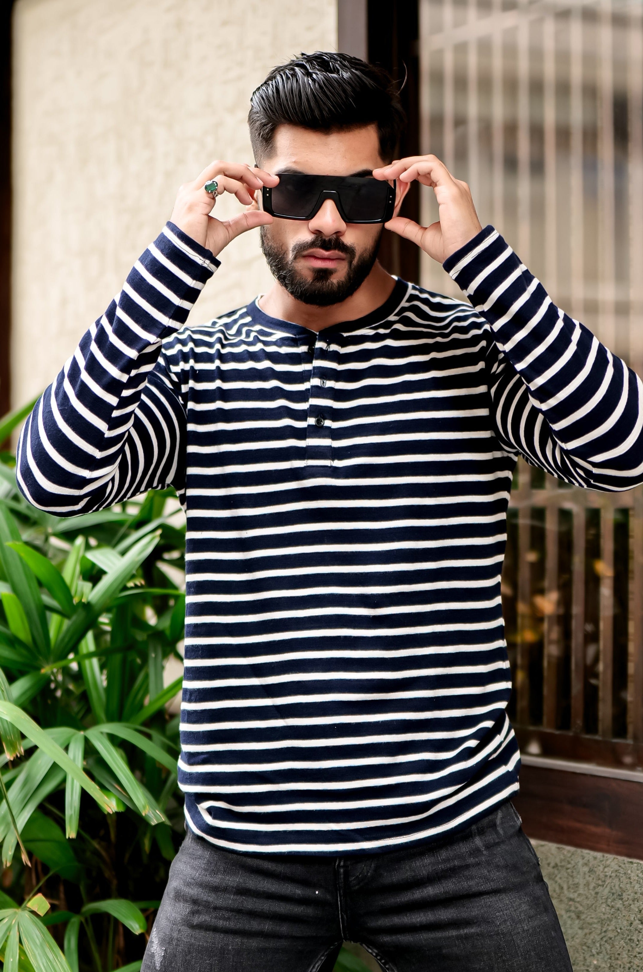 Black Stripes Henley Neck T-Shirt