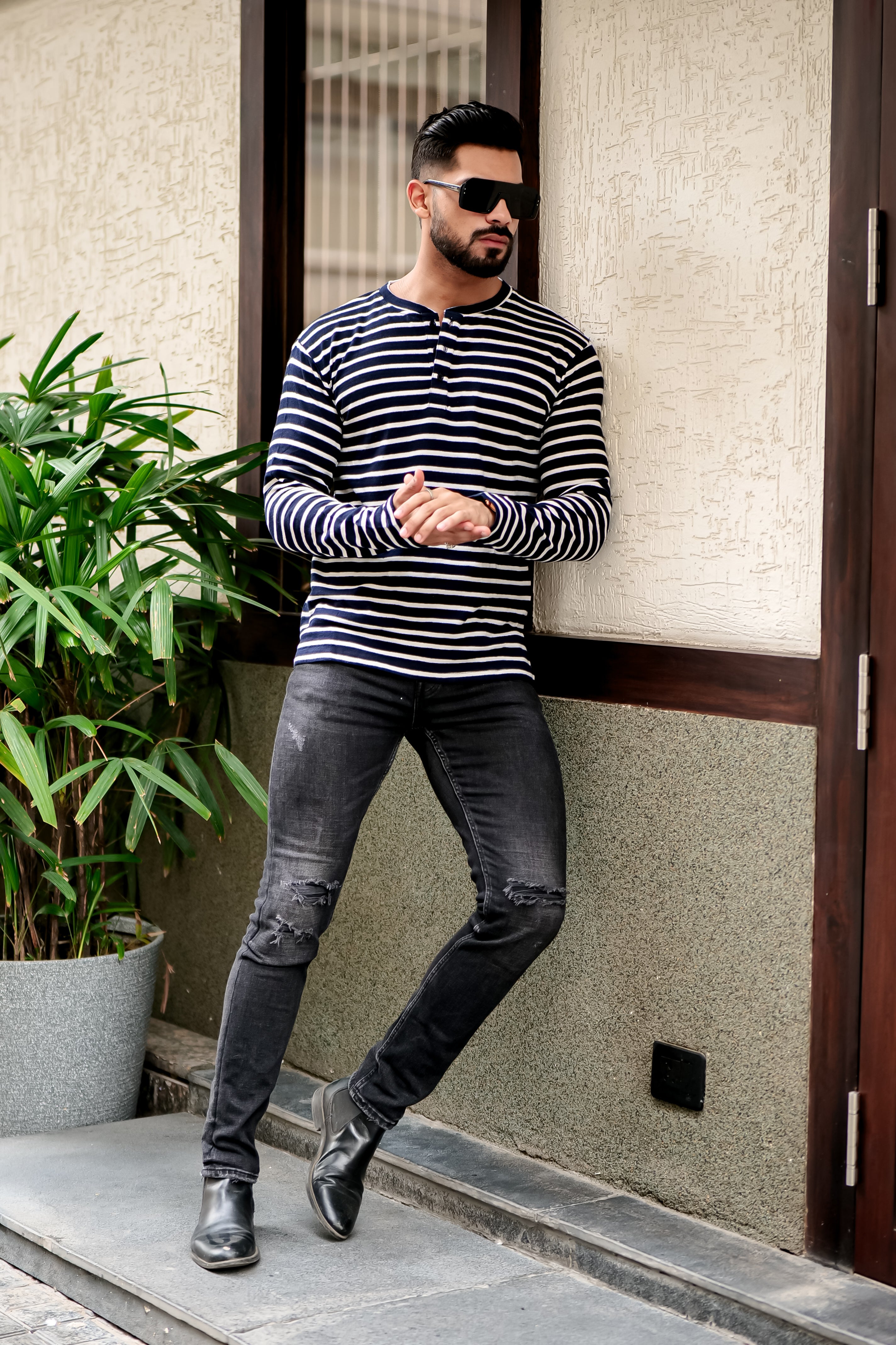 Black Stripes Henley Neck T-Shirt