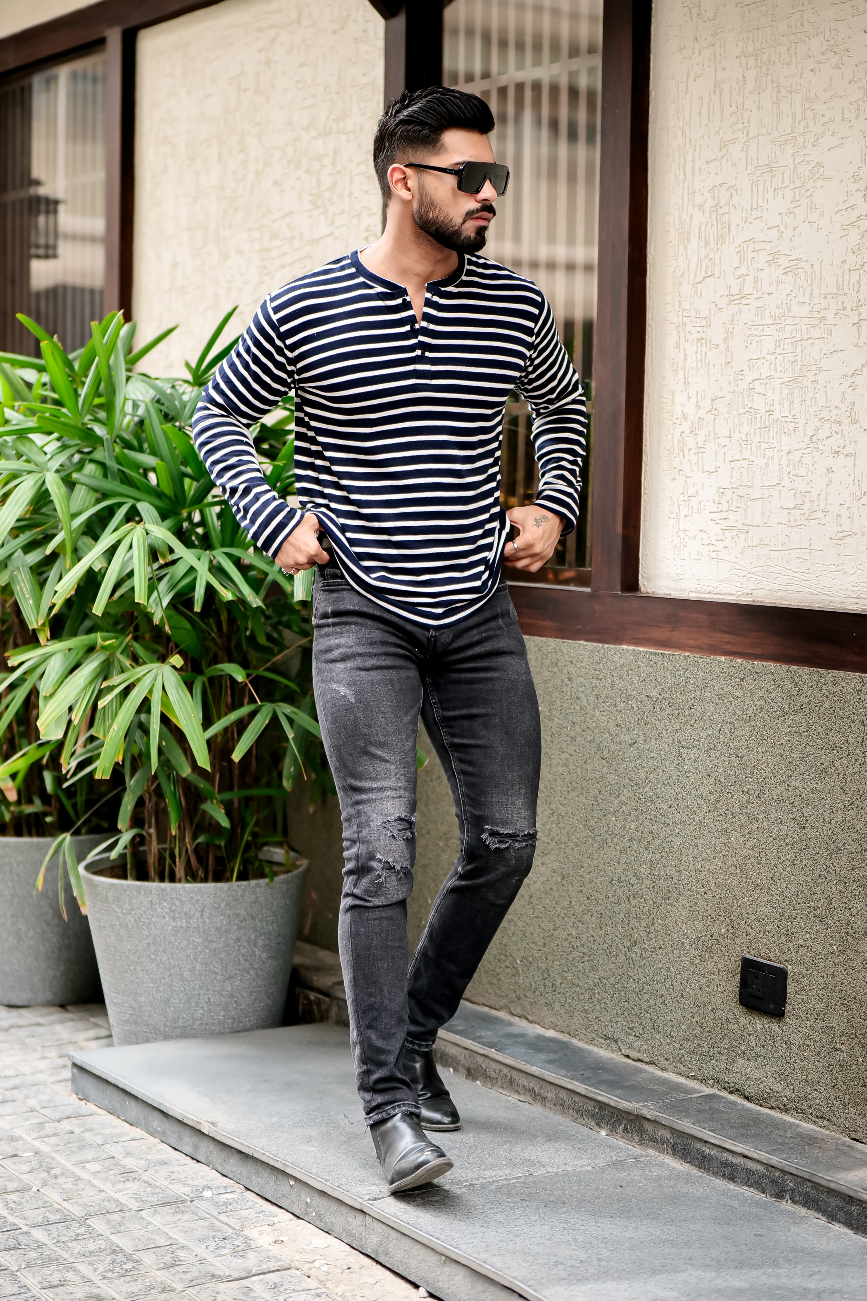 Black Stripes Henley Neck T-Shirt