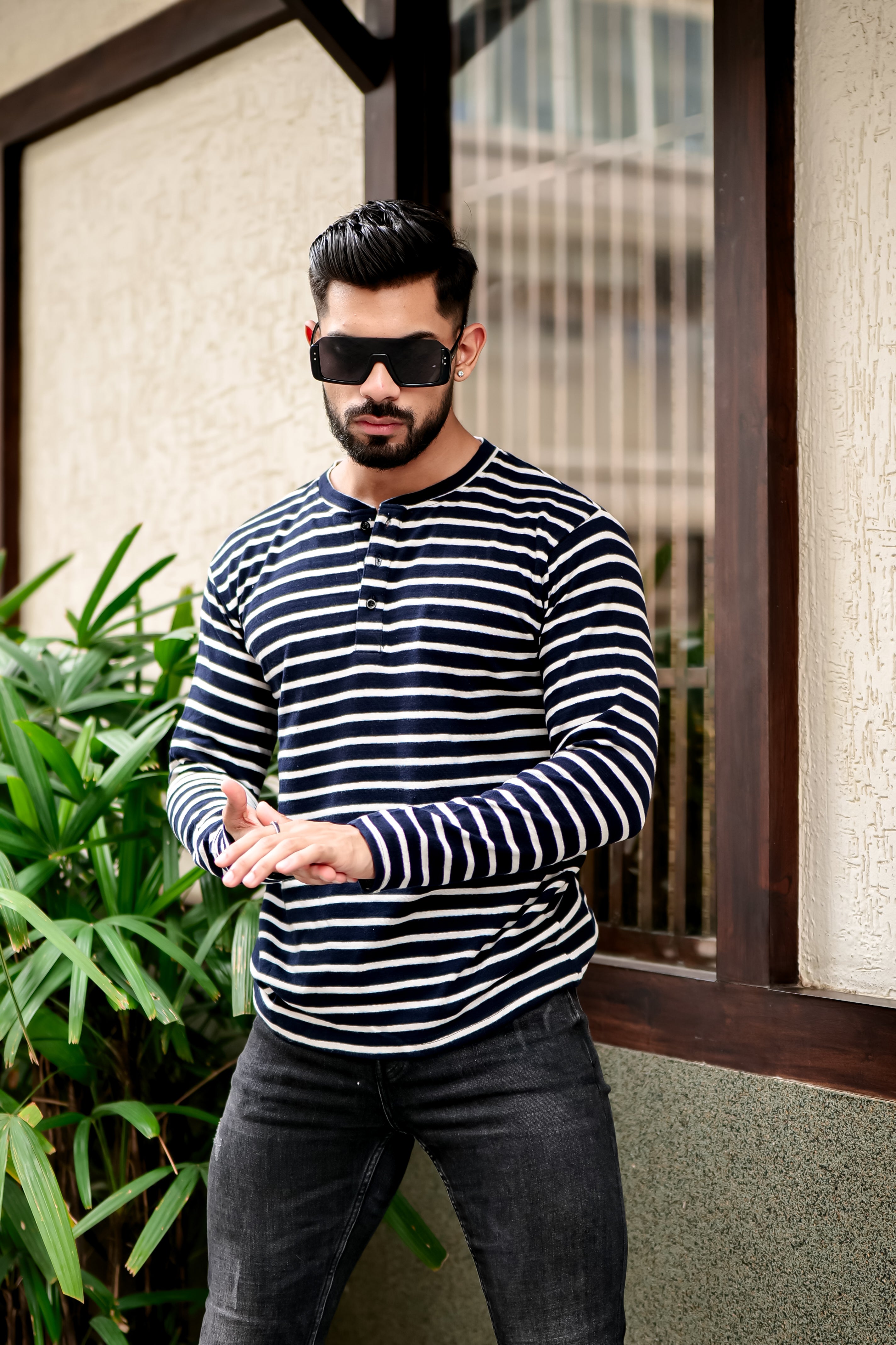 Black Stripes Henley Neck T-Shirt