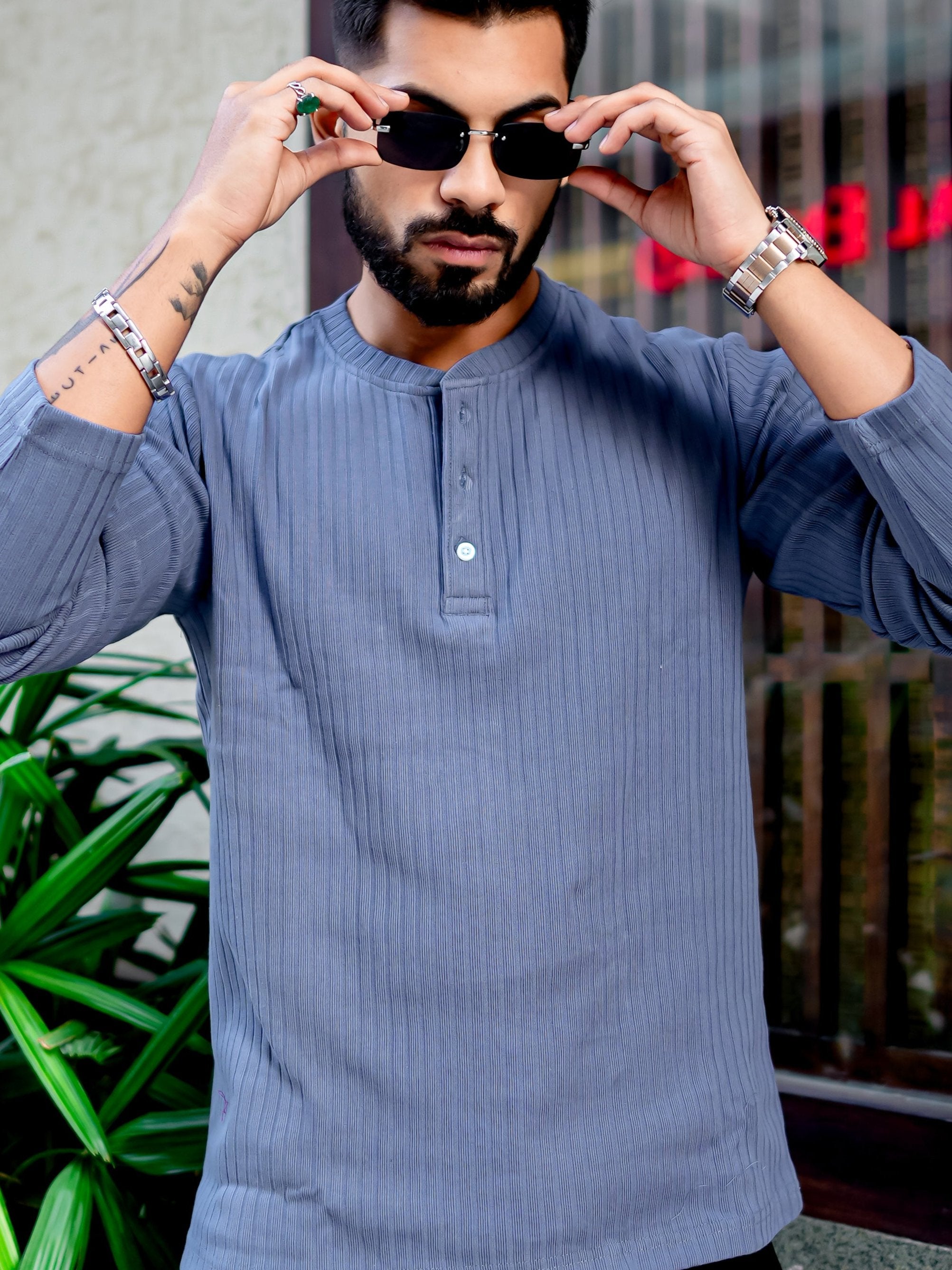 Blue Drop Needle Henley T-Shirt