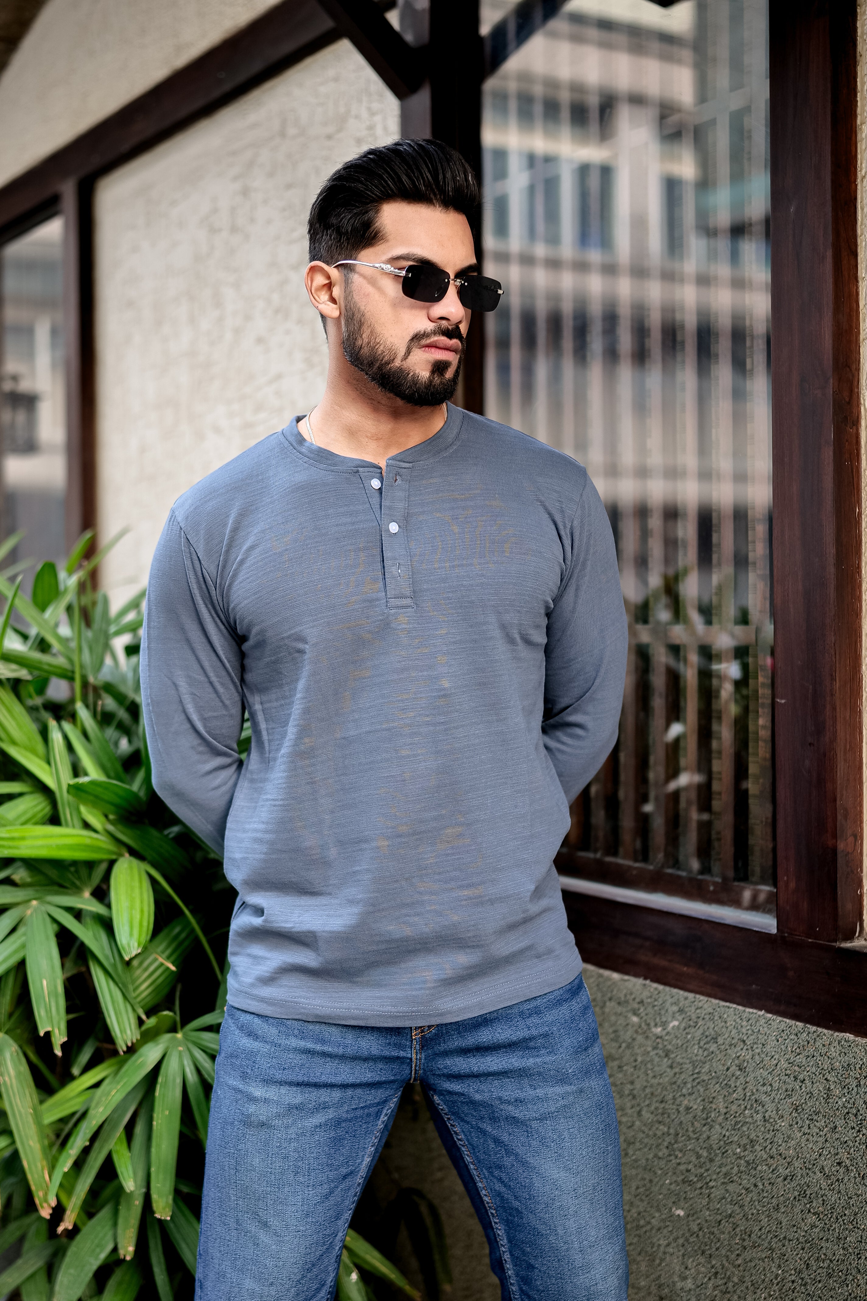 Blue Self Design Henley T-Shirt