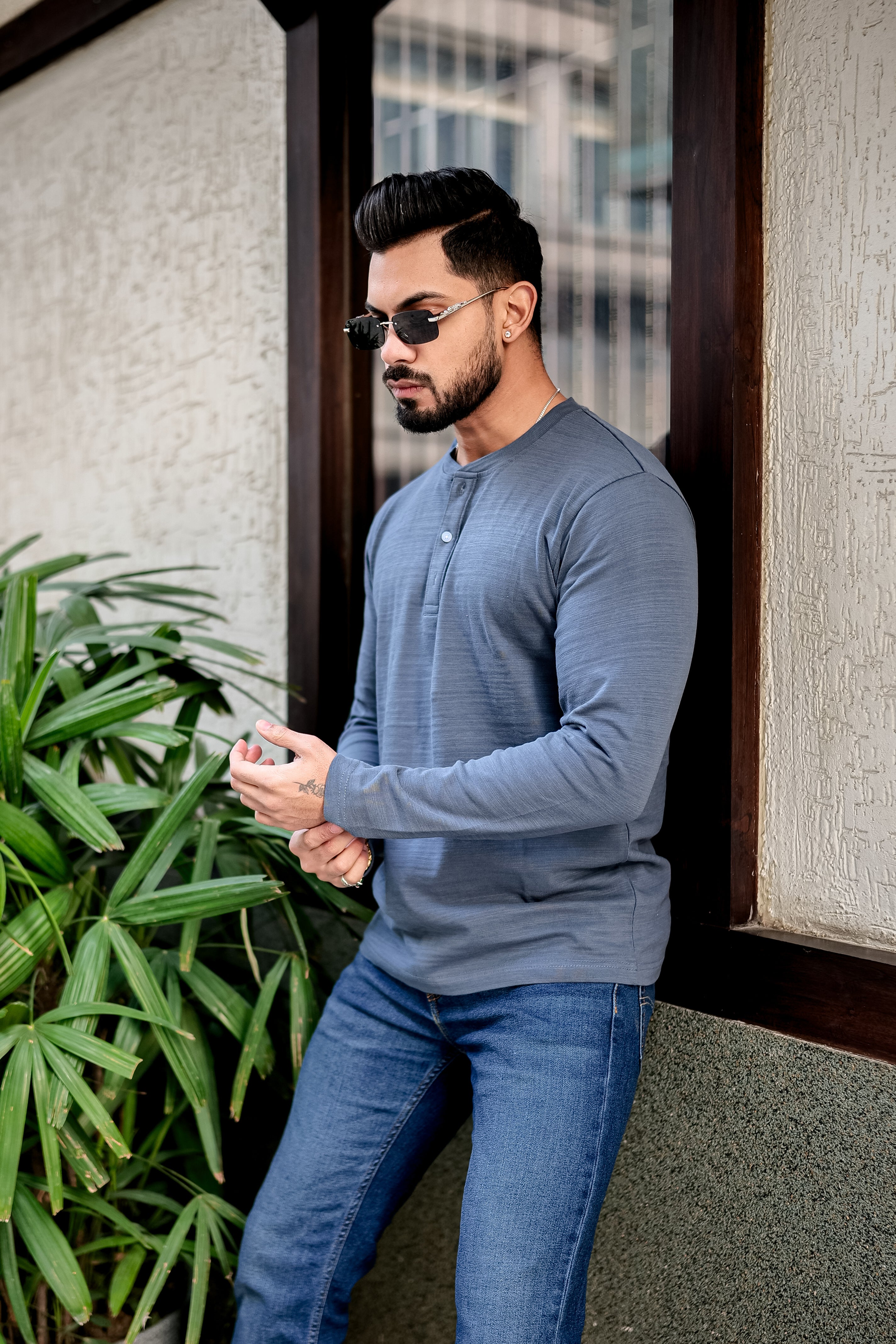 Blue Self Design Henley T-Shirt