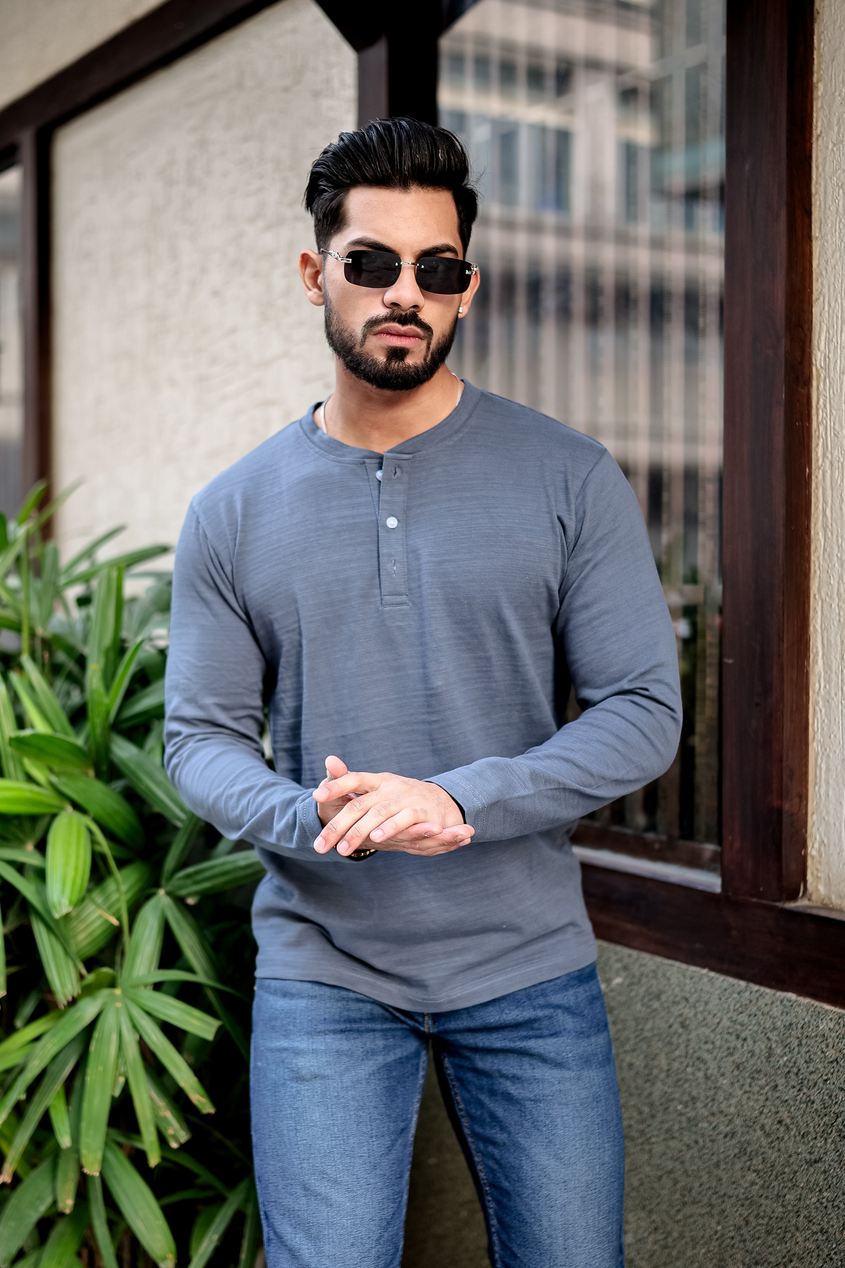 Blue Self Design Henley T-Shirt