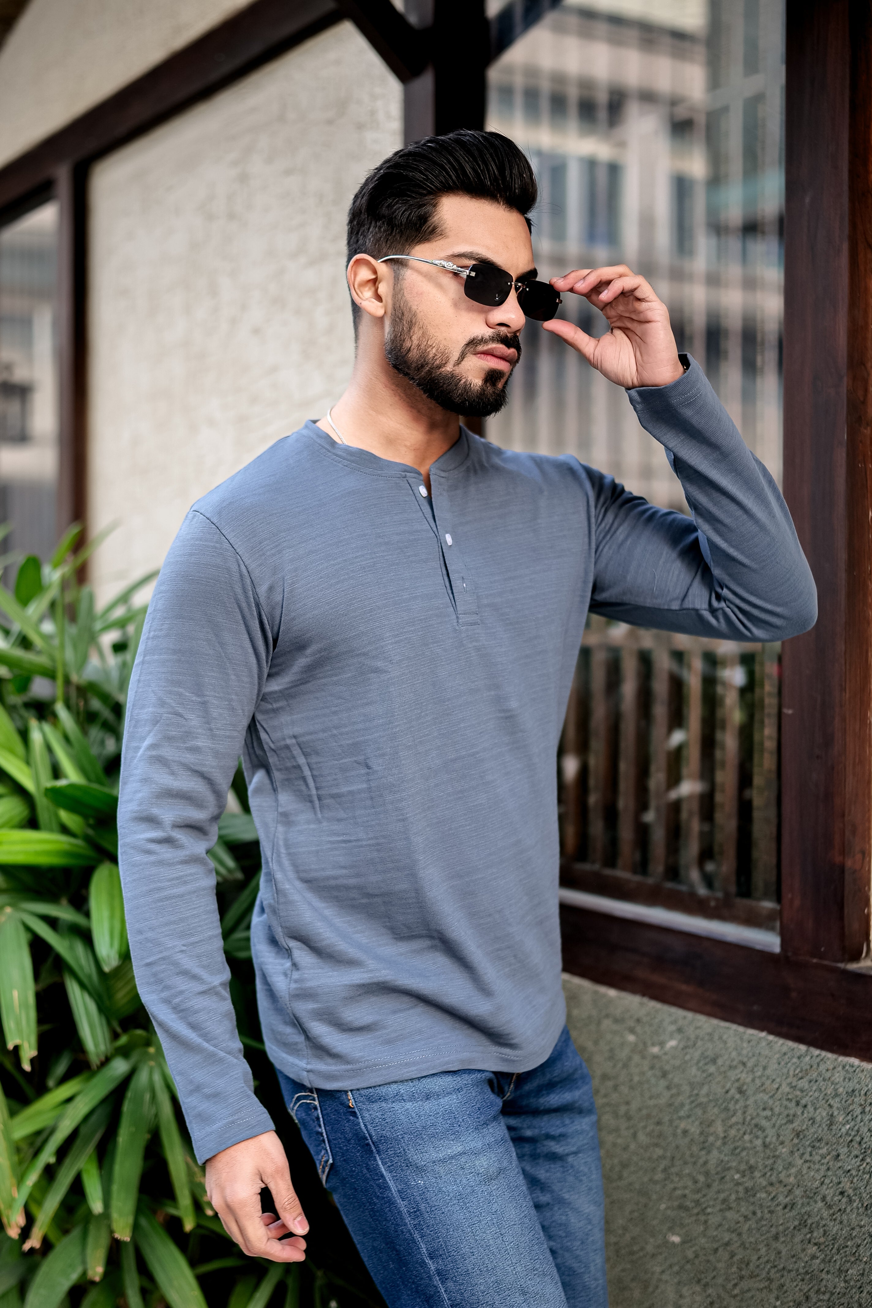 Blue Self Design Henley T-Shirt