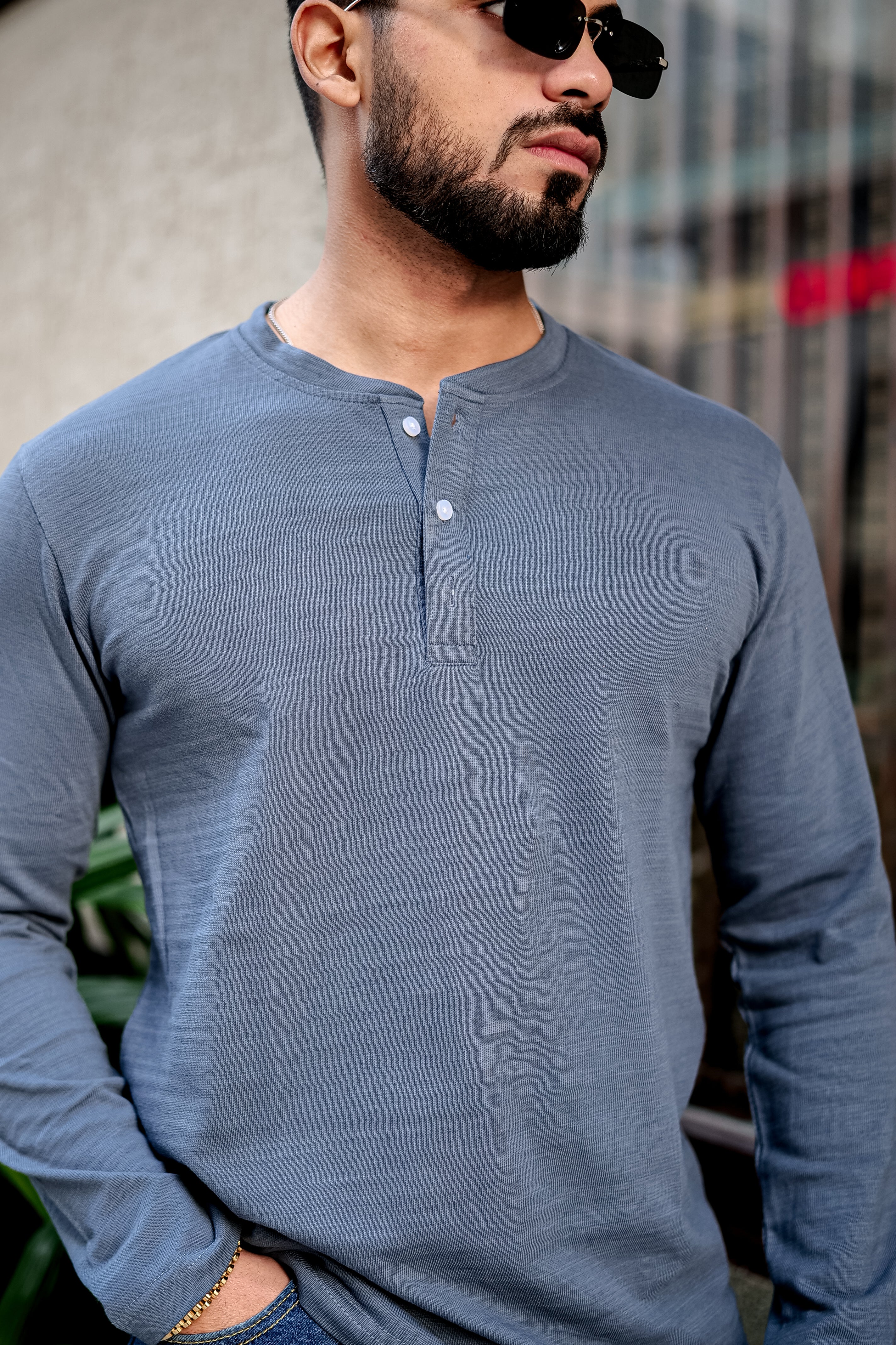 Blue Self Design Henley T-Shirt