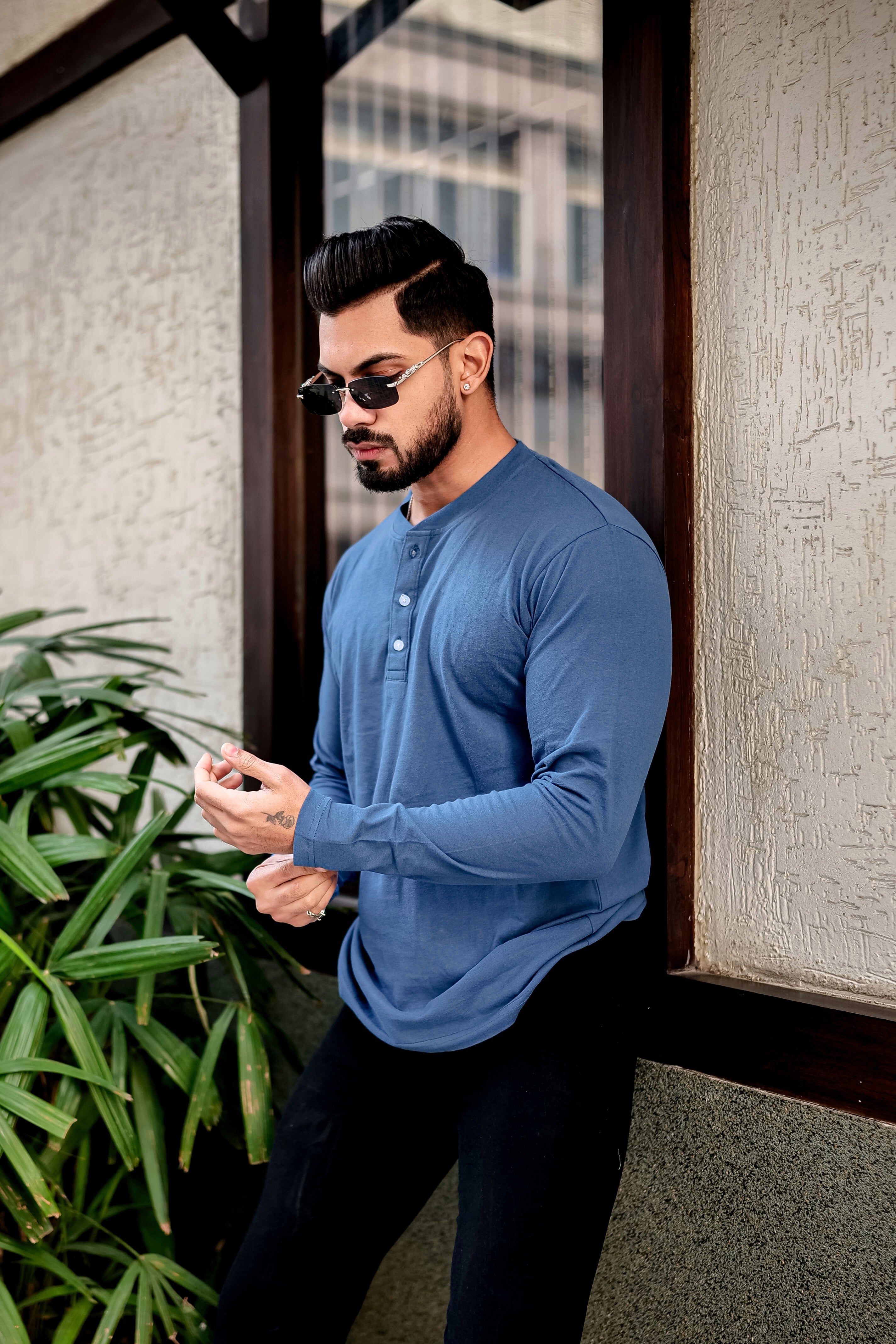 Blue Self Design Placket T-Shirt